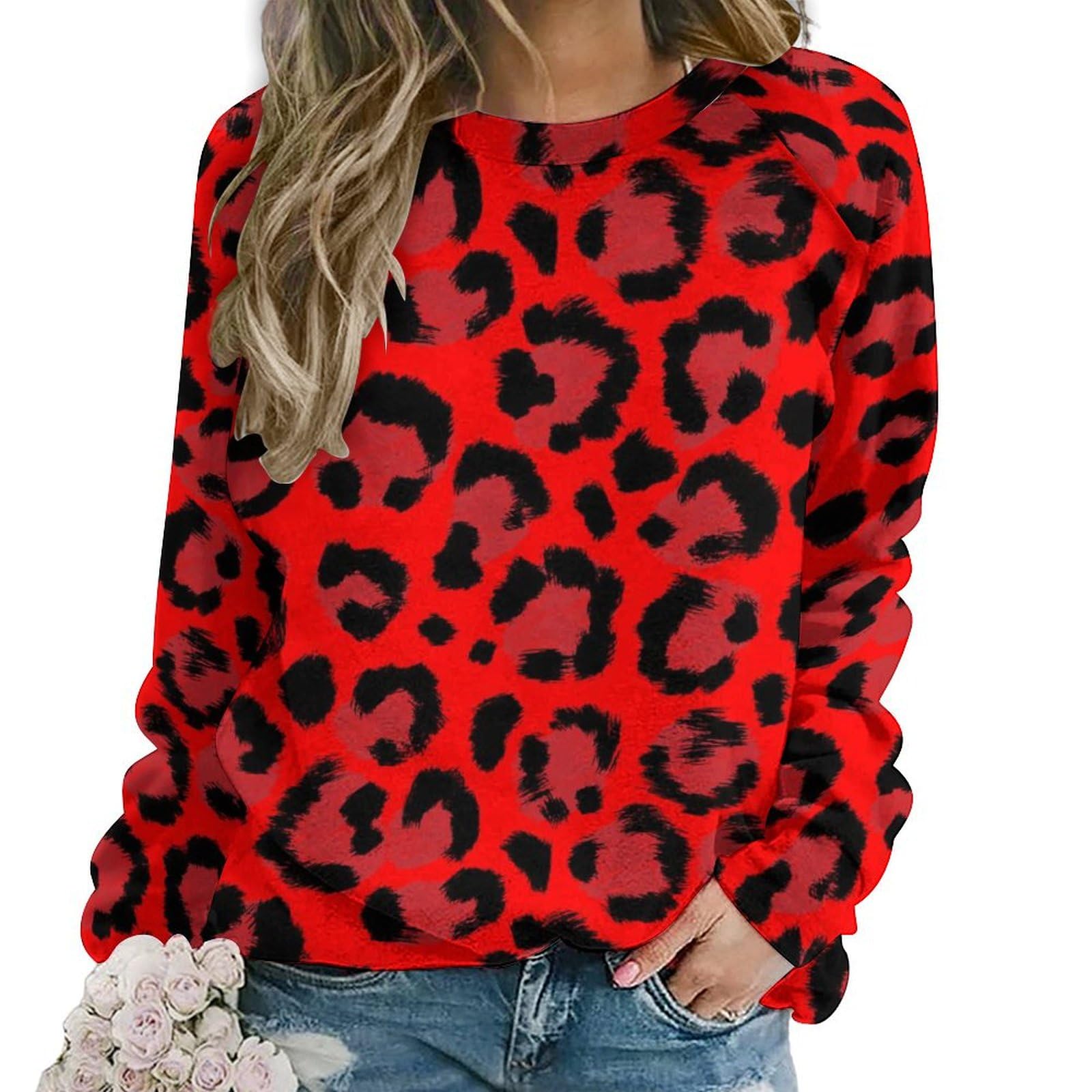 VOSERY Leopard Red Print Sweatshirt for Women, Crewneck Fall  