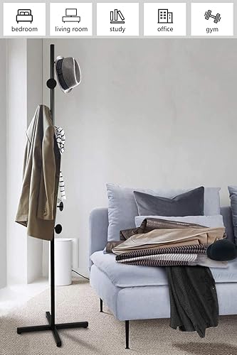 Miniatura 6 de Perchero independiente, árbol de abrigo negro con 8 ganchos de metal para entrada, pasillo, dormitorio, oficina para abrigos, ropa colgante,