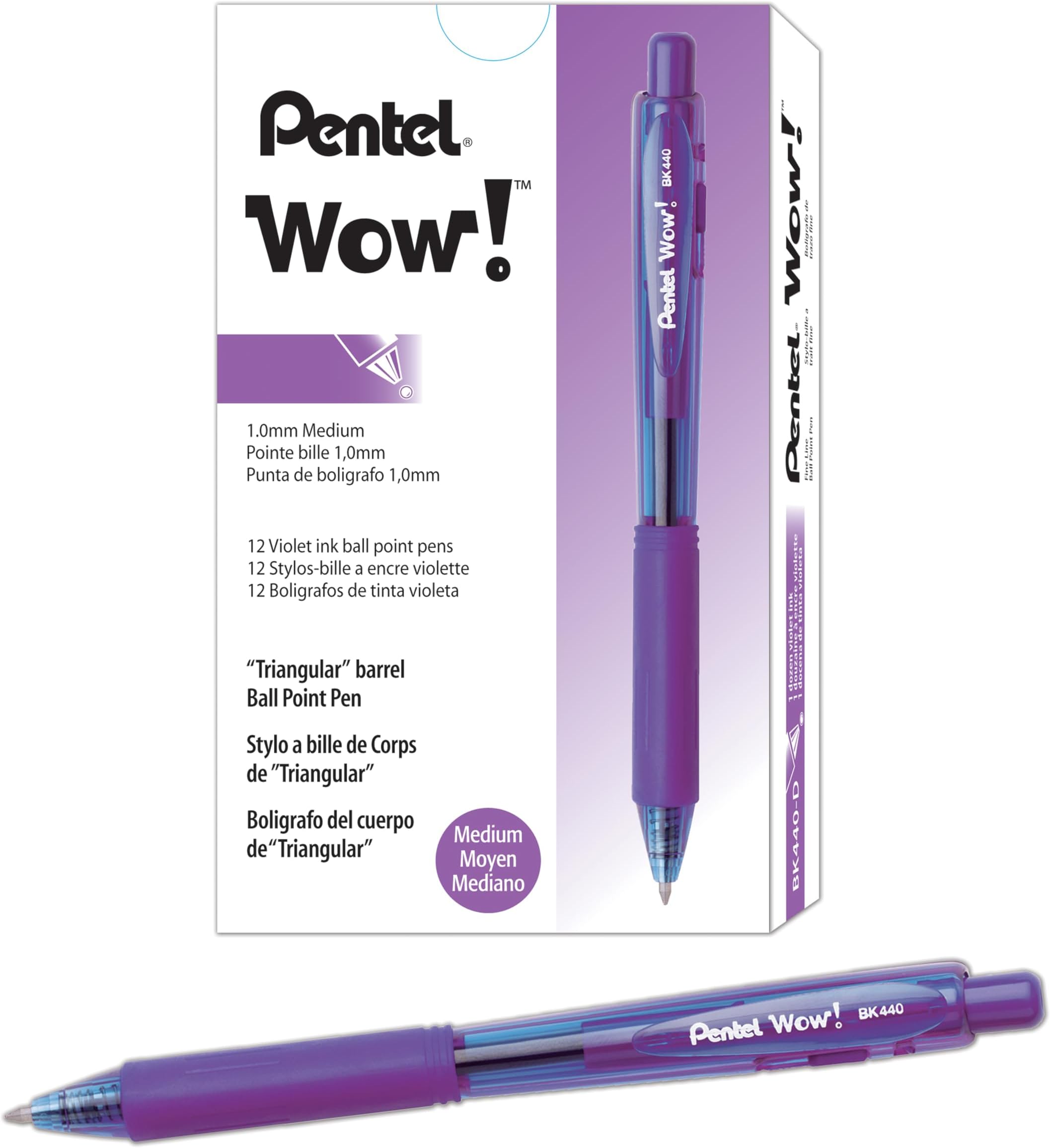 Wow! Retractable Ballpoint Pen, (1.0mm) Medium Line, Violet Ink, Box of 12 (BK440-V)