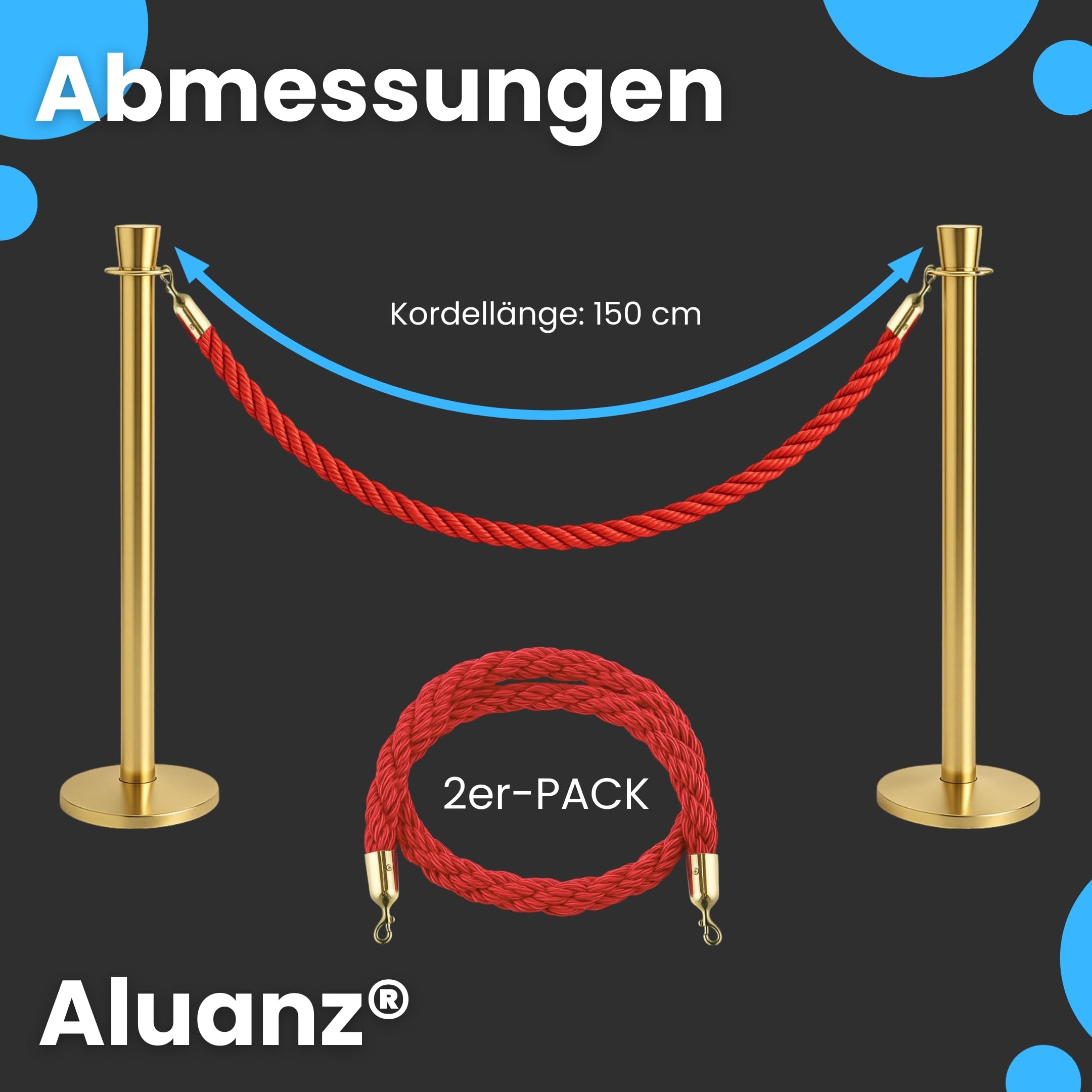 Absperrkordel mit Haken 150 cm, 2 STÜCK - Geflochtenes Absperrseil mit Edelstahl Verschluss, Absperrband für Absperrpfosten und VIP Pfosten - Ø 32 mm - Rot/Gold