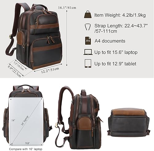Miniatura 3 de TIDING Mochila de cuero vintage para hombre de 15.6 pulgadas, bolsa para laptop de gran capacidad, viajes de negocios, senderismo, mochilas de hombro