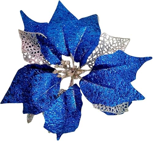 Adornos grandes de 9 pulgadas para árbol de Navidad, flores artificiales de Pascua con purpurina para boda, paquete de 12 unidades (azul)