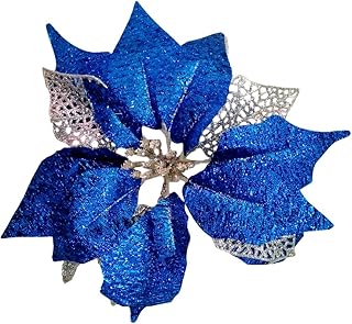 9 Inch Large Glitter Poinsettia Christmas Tree Ornaments Wedding Artificial Flowers Decorations Pack of 12 (Blue)
