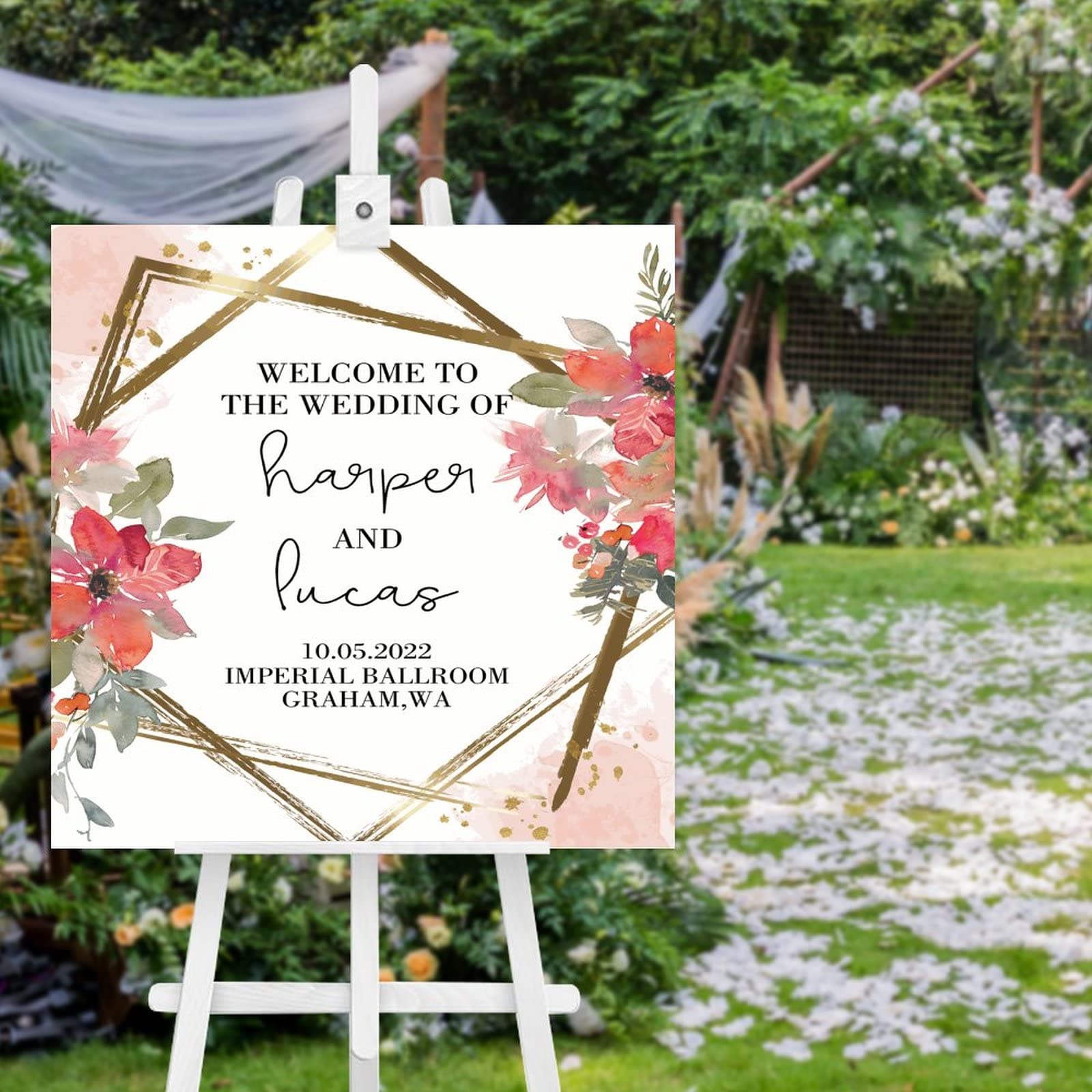 Panneau de bienvenue de mariage en bois pour une entrée romantique aux roses