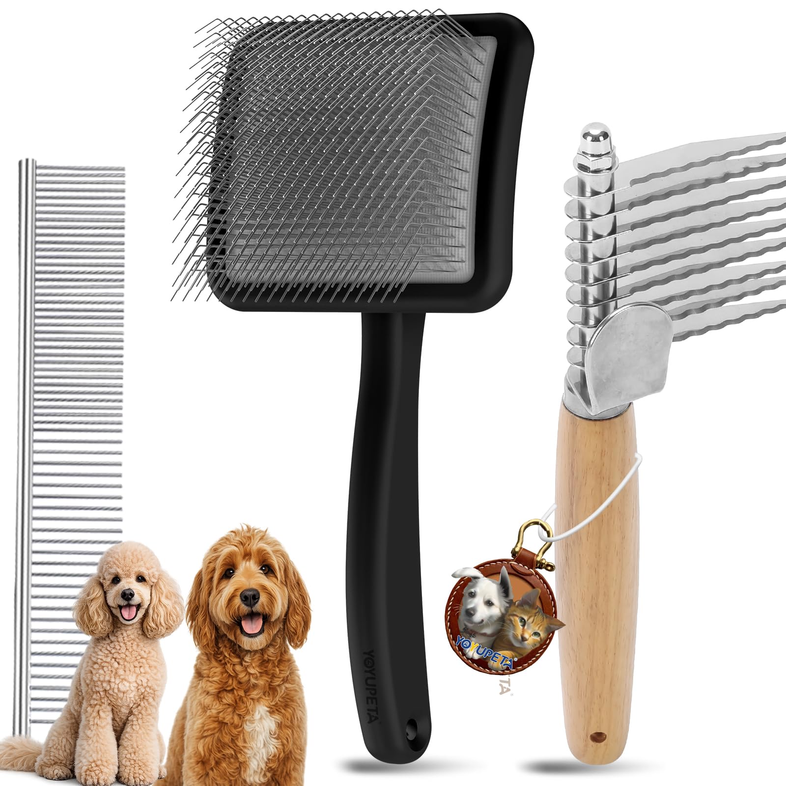 Grande brosse à démêler pour chiens – Brosse longue pour tapis et perte de poils sur chiens à poils longs, gribouillages, caniches, dorés, labradoodle, kit de toilettage 3 pièces avec manche