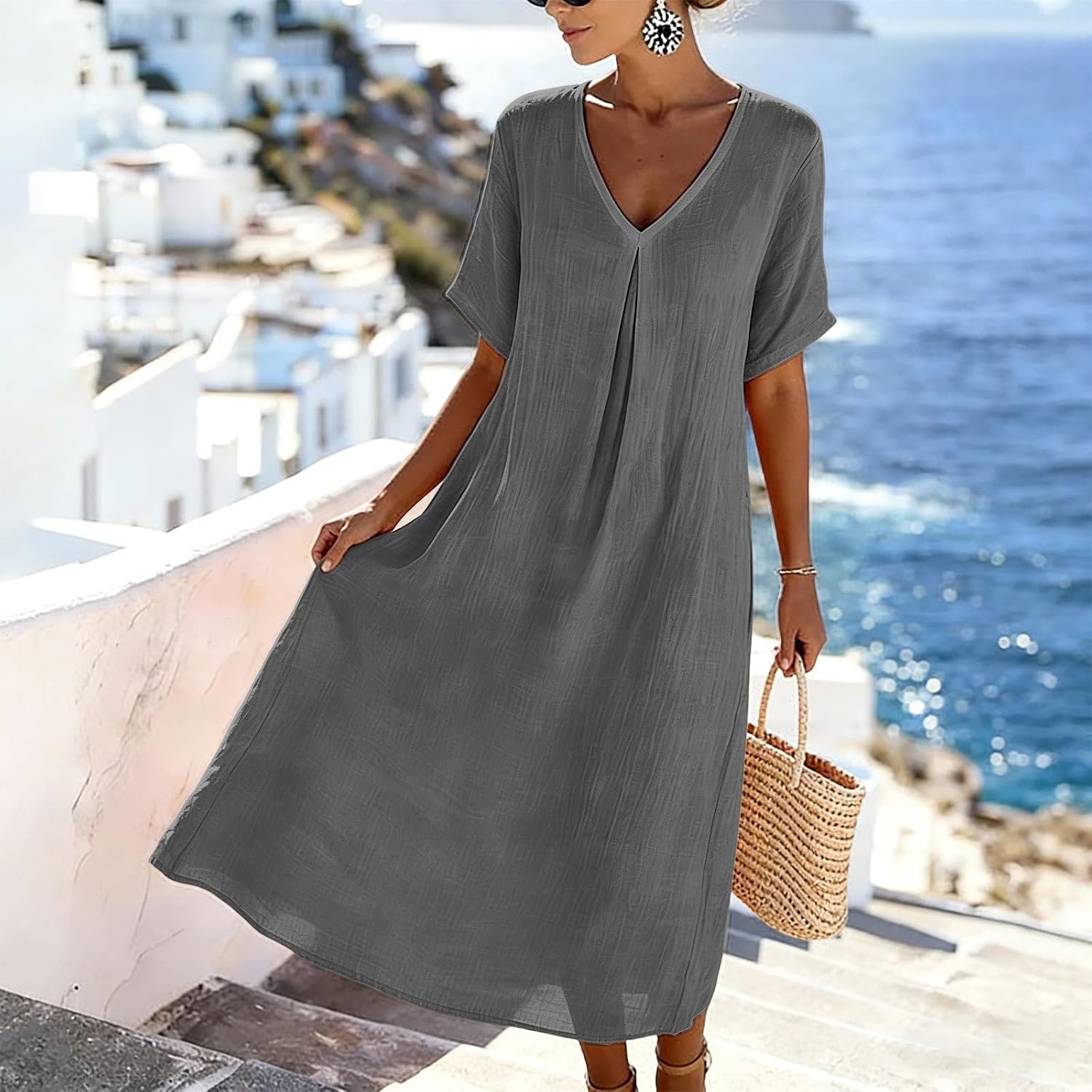 Linen Dresses for Women Cotton Summer Sundress Short Sleeve V Neck Midi Dress Flowy Beach Vacation Outfits