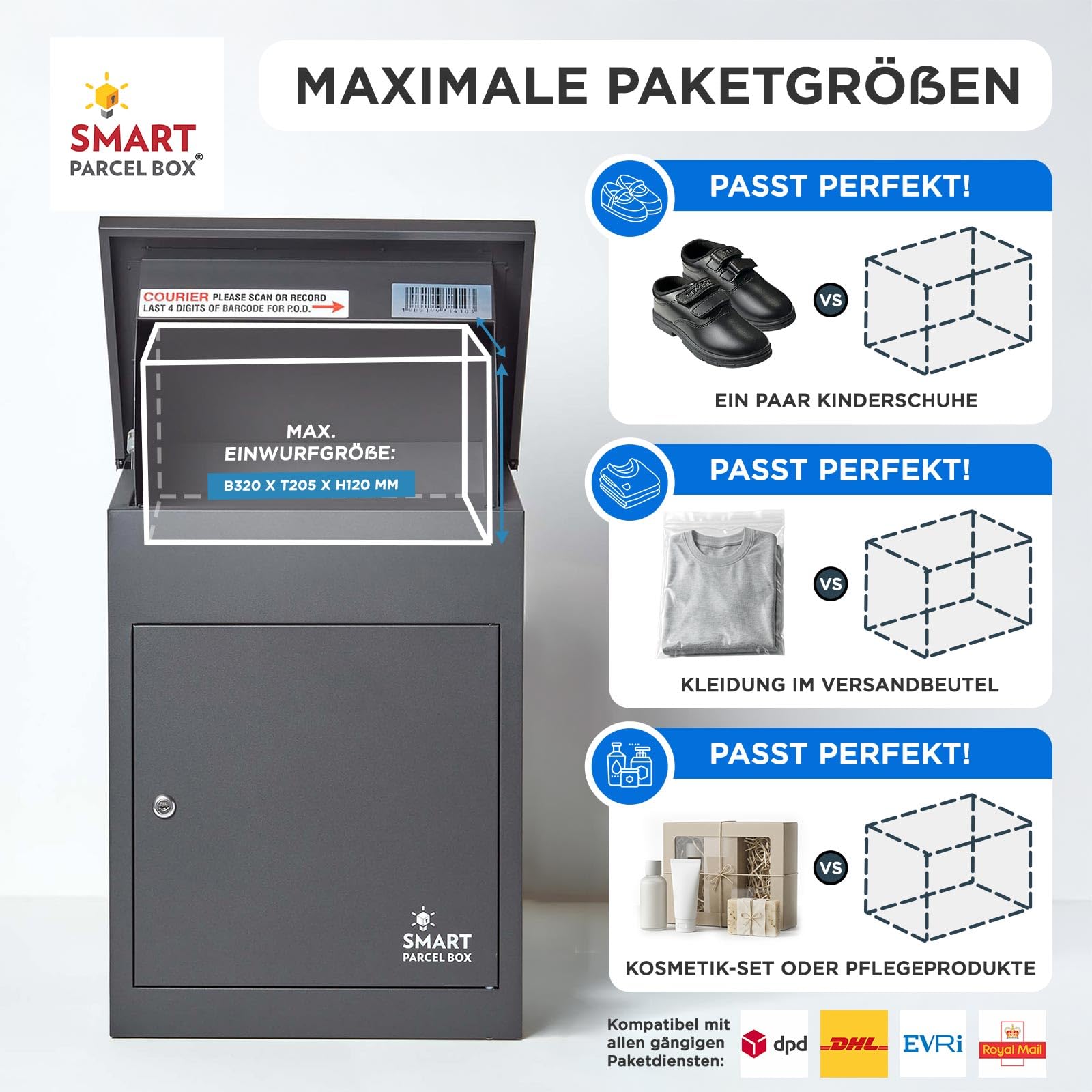 Smart Parcel Box Paketbox M - Paketbriefkasten wetterfest, grau | Postbox für Pakete outdoor, Paketbox draußen, Wandmontage, Front-Entnahme, verzinkter Stahl, rostfrei, pulverbeschichtet