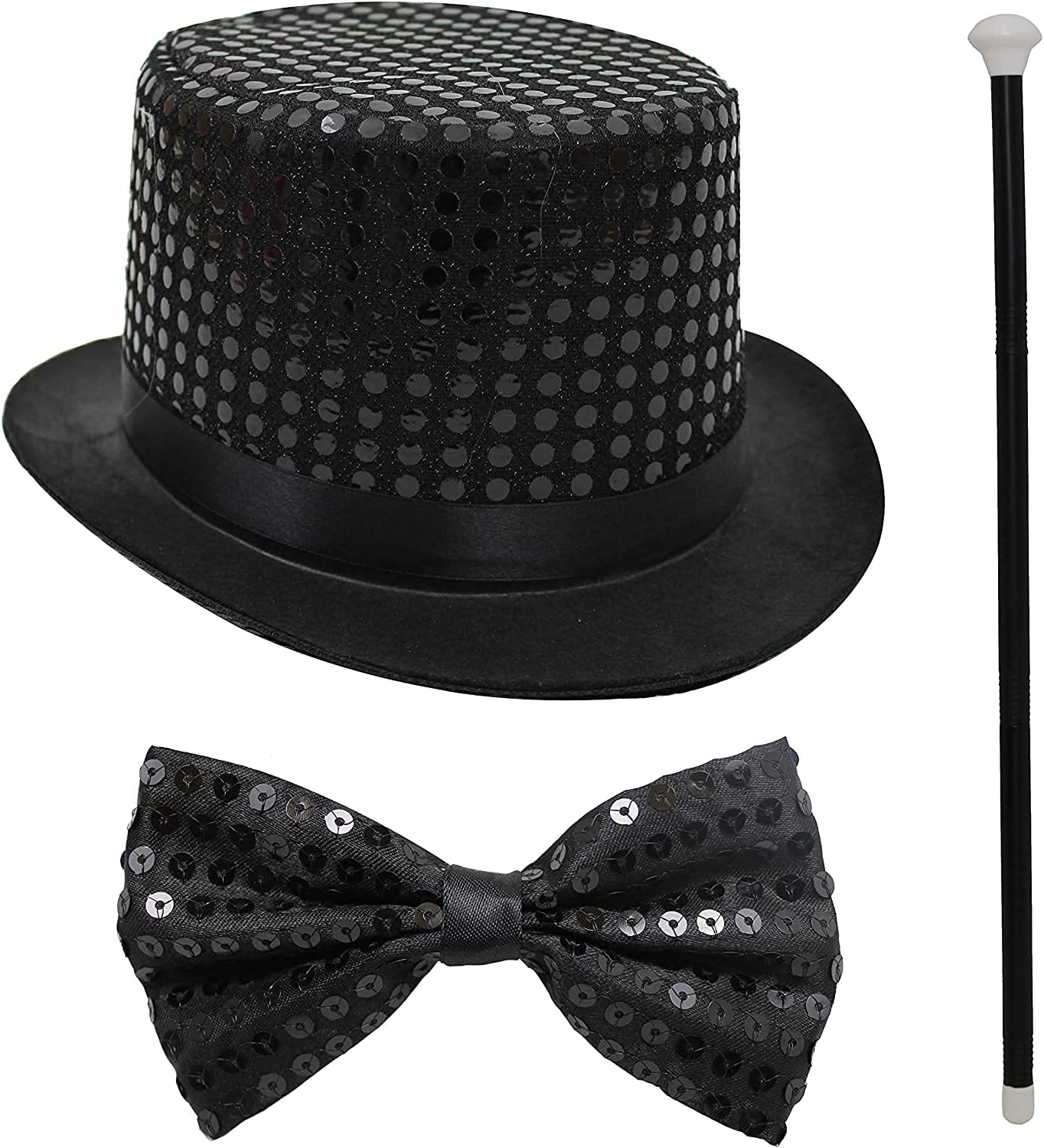 Dance Cane Set And Kit With Sequin Bow Tie And Top Hat Fancy Dress Costume Accessories - Stage Performance Artist Costume Musicial Acting Showman Dancing Cane And Top Hat Accessories Set And Kit