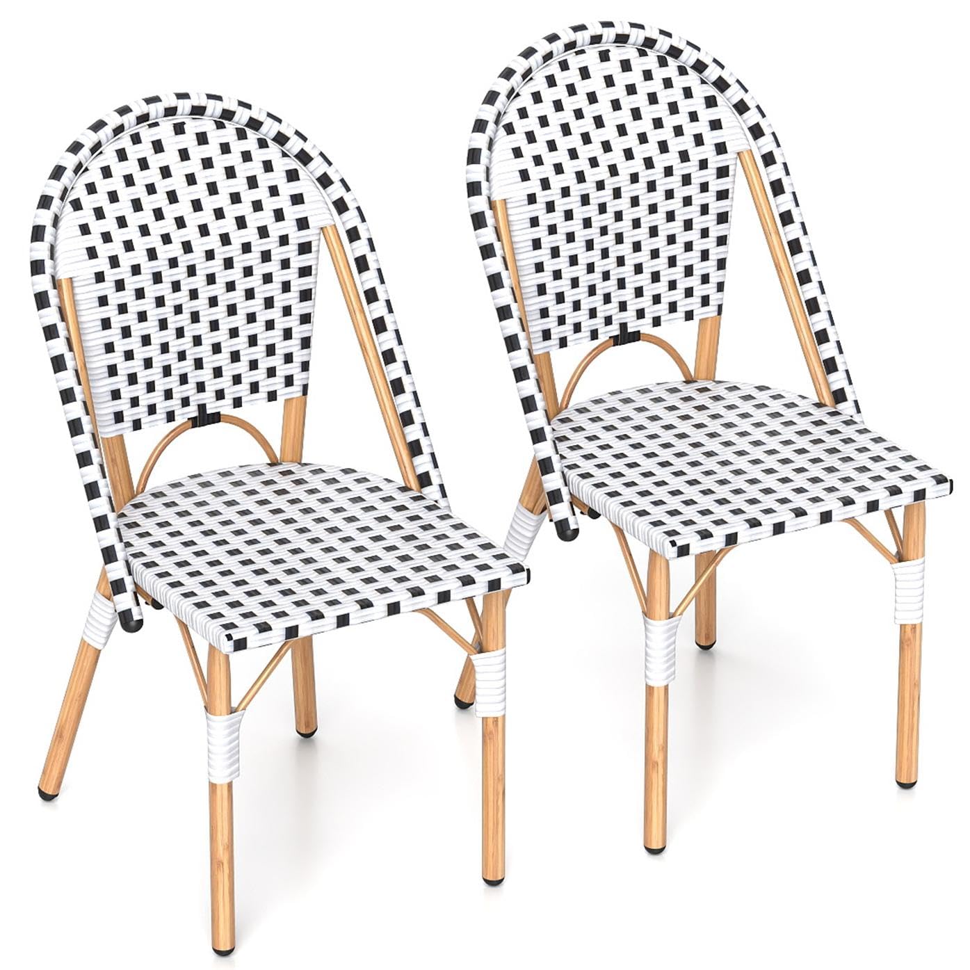 TANGZON Garden Chairs Set of 2, Hand-woven Rattan Dining Chairs with Backrest, Galvanized Metal Frame Indoor Outdoor Armless Bistro Chairs for Patio Lawn Balcony Poolside Backyard Kitchen