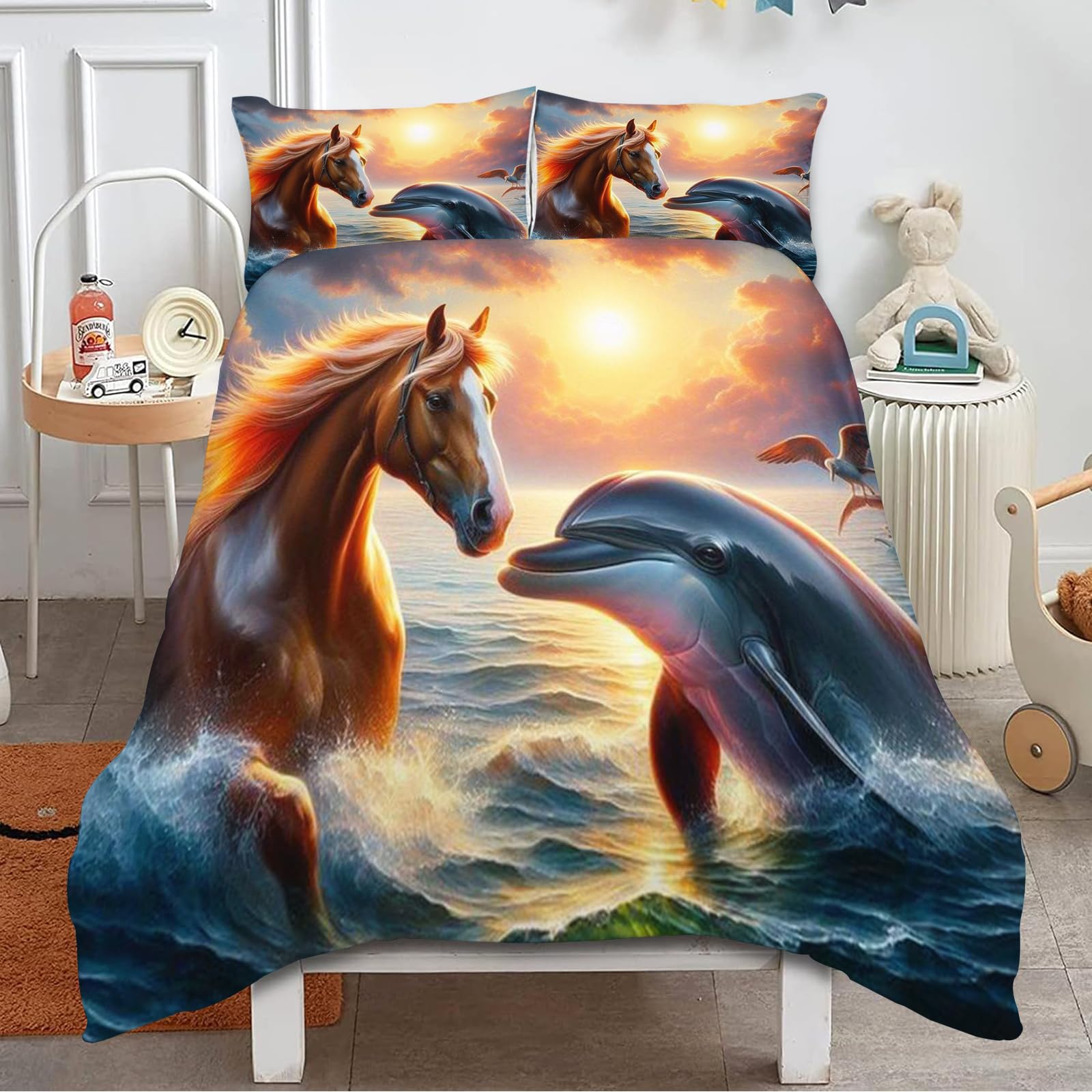 KIDSLOVE Pościel z delfinem 135 x 200 cm, poszewka na kołdrę dla dzieci, urocze zwierzęta, delfiny, zestaw pościeli z nadrukiem 3D, 100% mikrofibra, poszewka na kołdrę (8, 220 x 260 cm, 50 x 75 x 2)