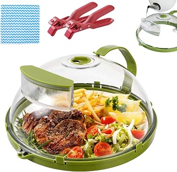 Microwave Splatter Cover with Water Steamer, 10" Tall Dome Plate Microwave Cover for Food with Handle and Vent Anti Splatter Guard, Keeps Moisture Standard Model
