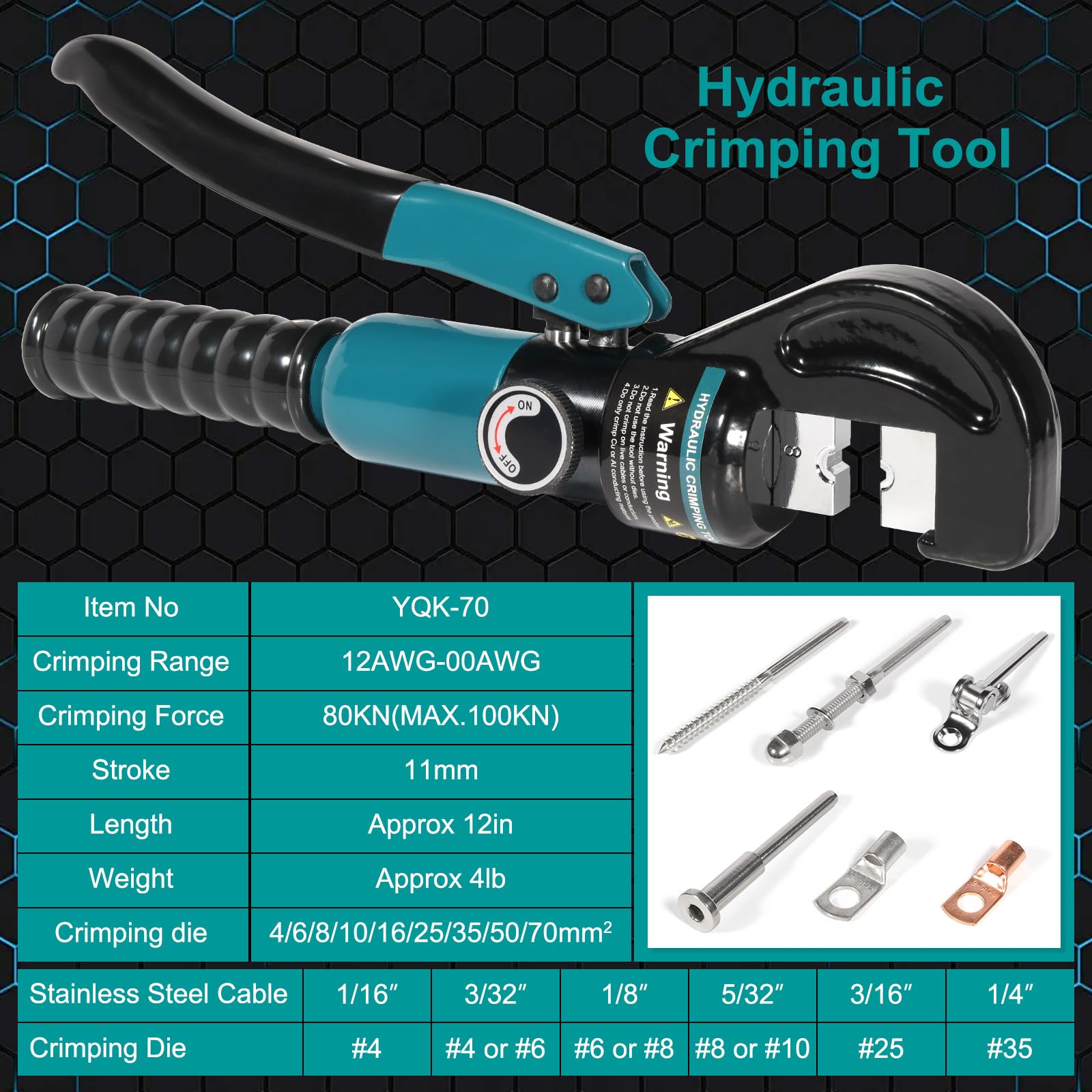 Lsoar Hydraulic Crimping Tool Hydraulic Cable Lug Crimper with 9 works of Dies 4-70 mm², Turquoise - Image 3