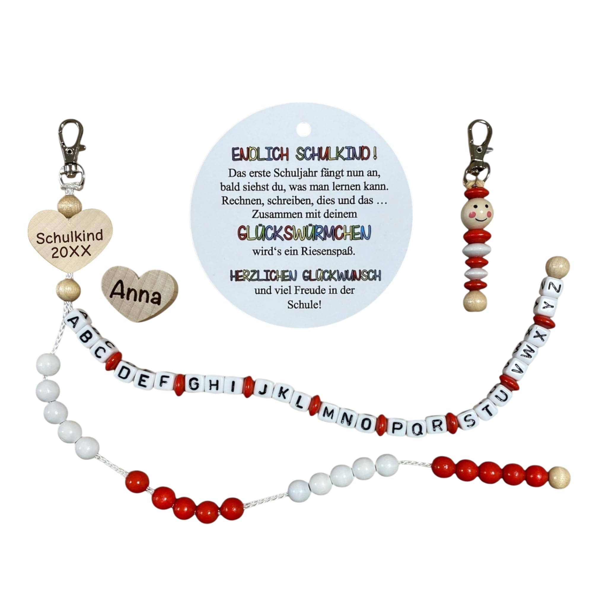 Personalisierte Einschulungsgeschenk-Set mit ABC-Rechenkette, Glückswürmchen und Holzherz, Schulanfang 2026, Schulkind 2026, Füllung Schultüte (Rot-Weiß)