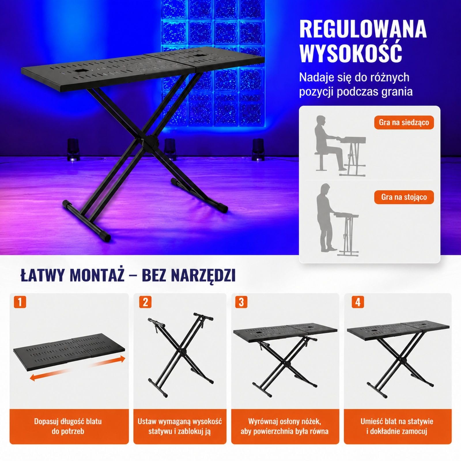 Regulowany stojak DJ na stół z podwójnym stelażem X, składany, stalowa konstrukcja i szeroki blat do laptopa, kontrolera oraz miksera audio