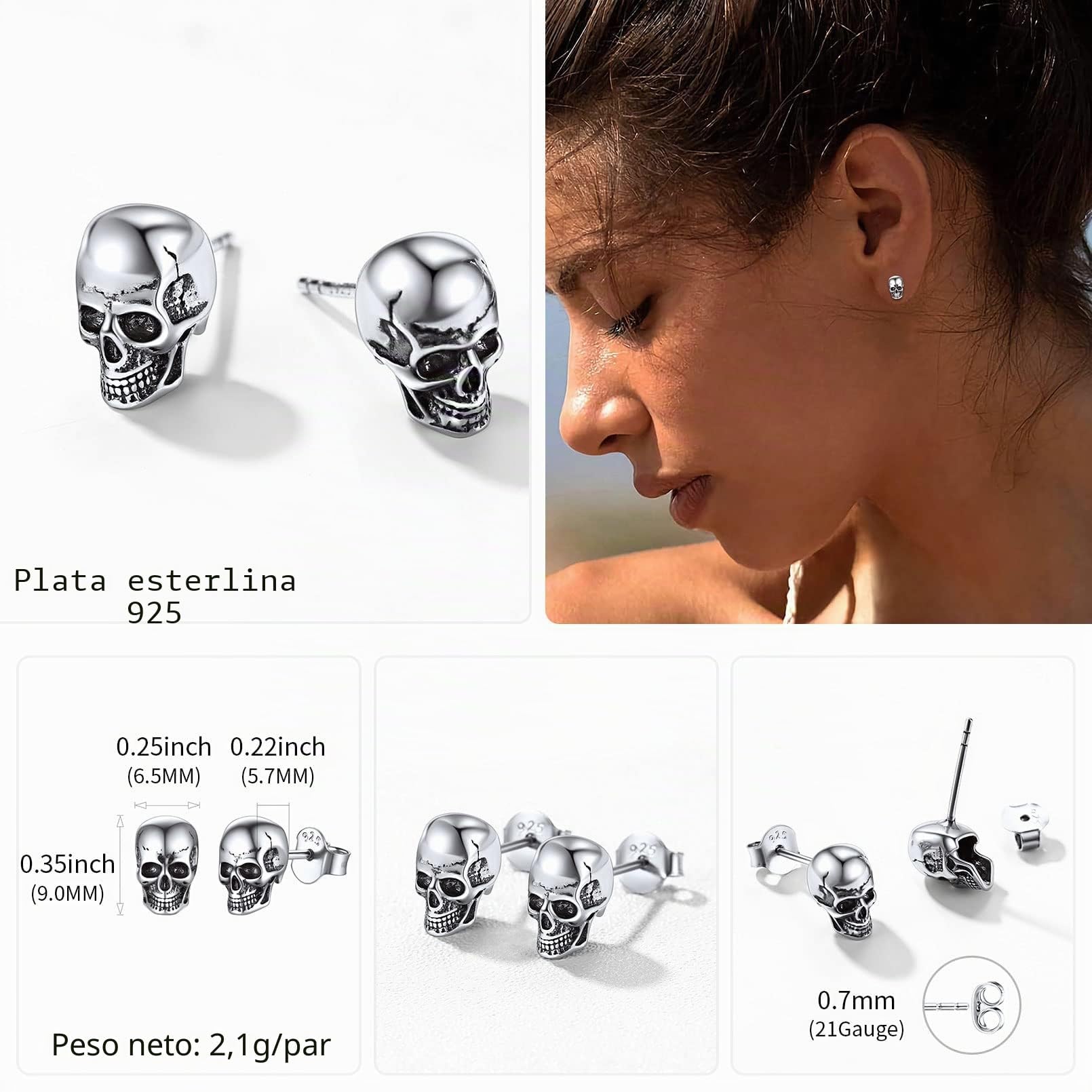 ChicSilver Pendientes Punk Calavera Plata de Ley 925 Hombre Pendientes Hip Hop Regalo Halloween Pendientes Vikingos Jovenes