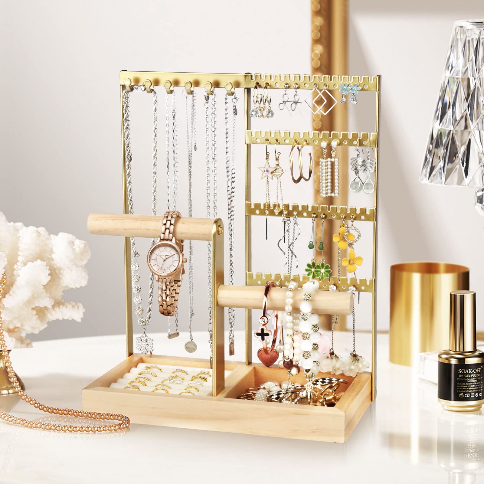 Fenghome Portagioie multistrato, supporto per collane, orecchini, bracciali, orologi e accessori (bianco