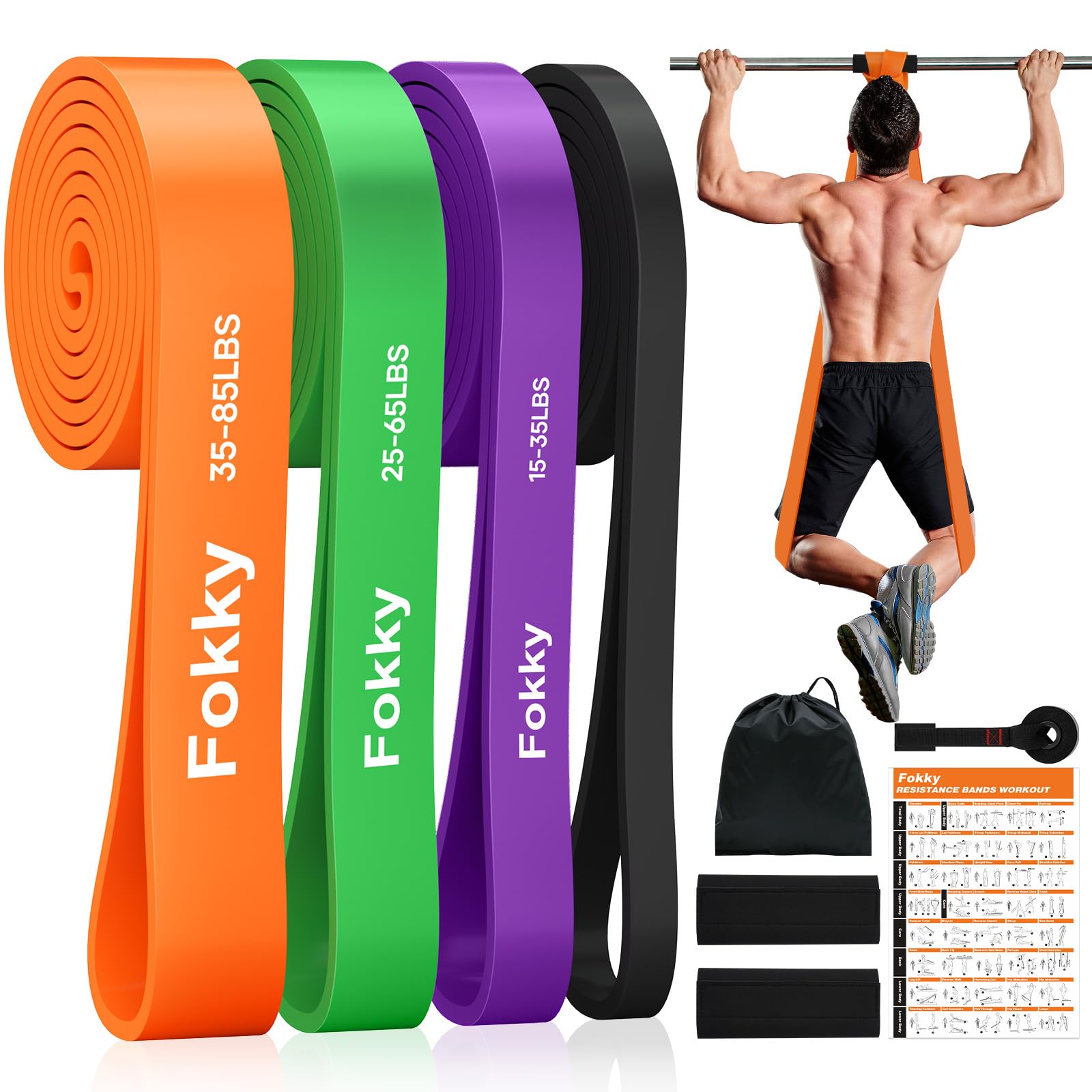 Fokky Widerstandsbänder Resistance Bands Set, 4 Stufen von Fitnessbänder, Klimmzug Bänder mit Türanker & Schutzpads, Gymnastikband für Fitness, Muskelaufbau, Kraftraining