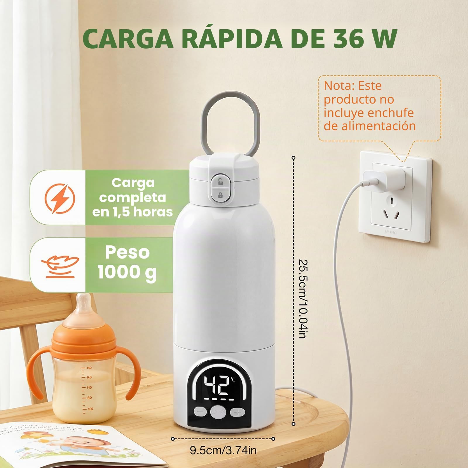 Calentador portátil inalámbrico para biberón portátil de 500 ml para leche materna y agua, 140 W y temperatura ajustable 35 ℃-70 ℃, carga USB calentador de agua para viajes (blanco)