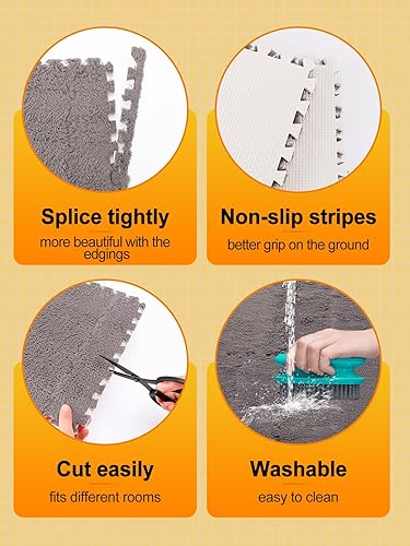 Miniatura 5 de Tapete ampliado de espuma de felpa entrelazada de 23.6 pulgadas para niños, 6 azulejos cuadrados de espuma entrelazados de 0.6 pulgadas de grosor