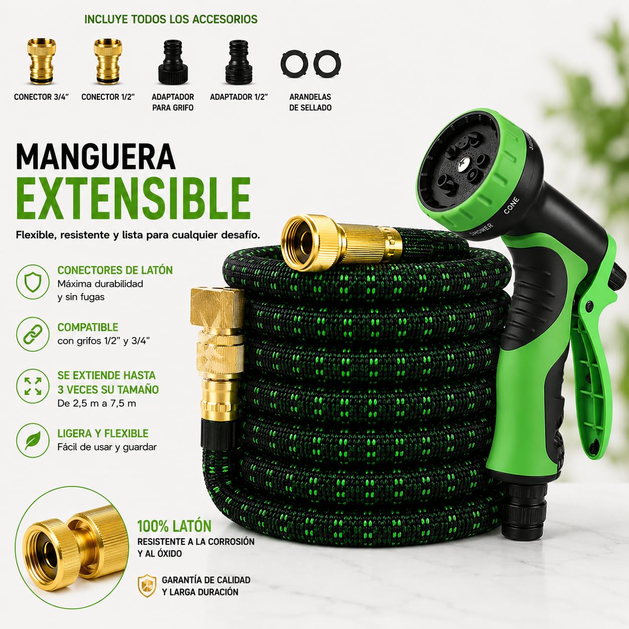 Manguera Extensible Jardín 7,5 m con Pistola de Riego Premium de 7 Modos, Conectores de Latón 1/2 y 3/4, Resistente y duradeea. Manguera agua flexible Reforzada Antifugas Alta Presión.