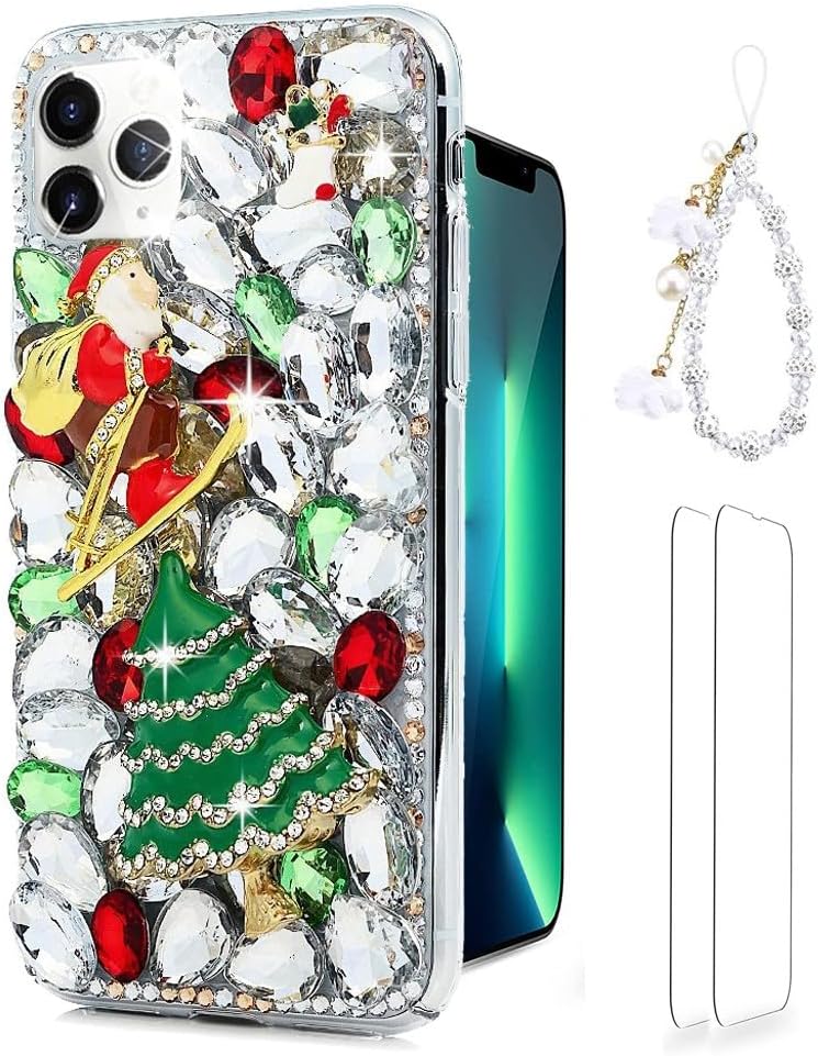 Glitter Phone Case for Samsung Galaxy A53 5G - Girls Women 3D Luxury Shiny Bling Cover with Screen Protector, White Floral Pearl Crystal Phone Strap - Green Christmas Tree Santa Claus