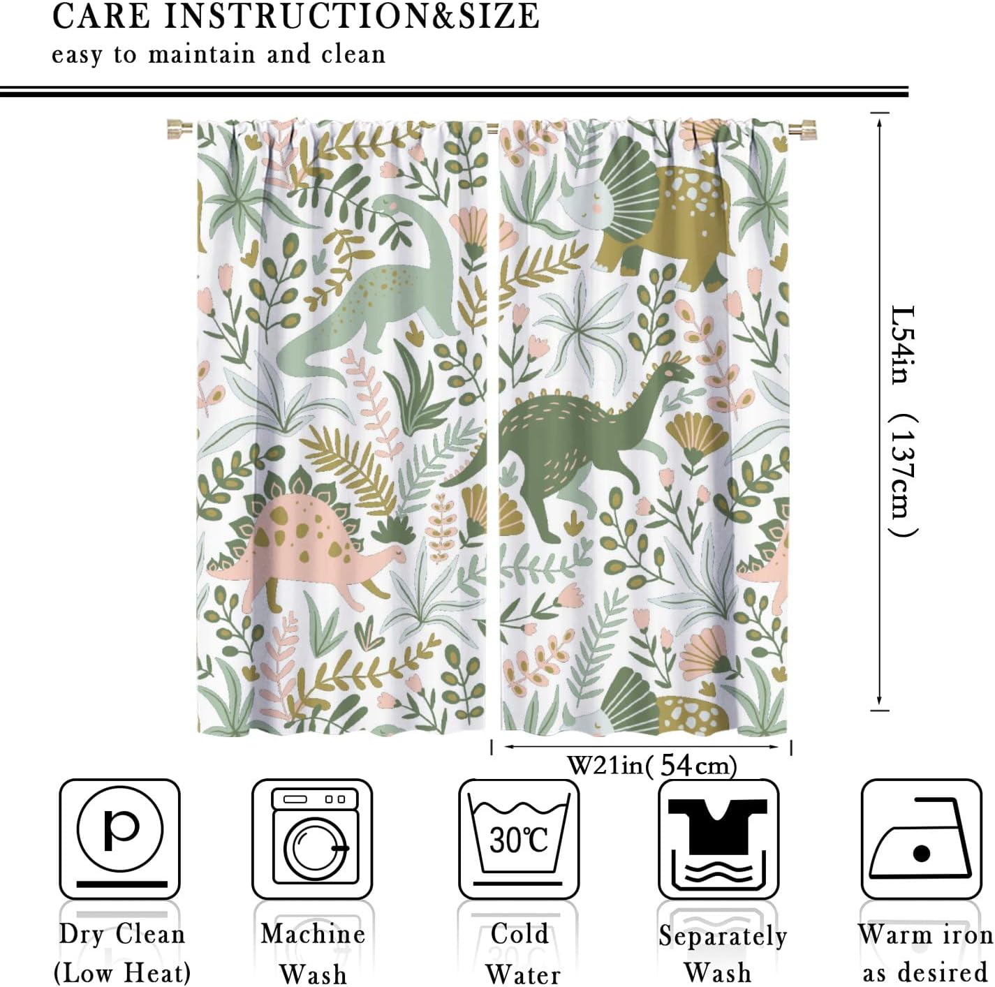 Cartoon Dinosaur Curtains, Green Dino Tropical Leaves Window Treatments for Living Room Kids Boys Girls Bedroom, 42x54in（No Blackout）