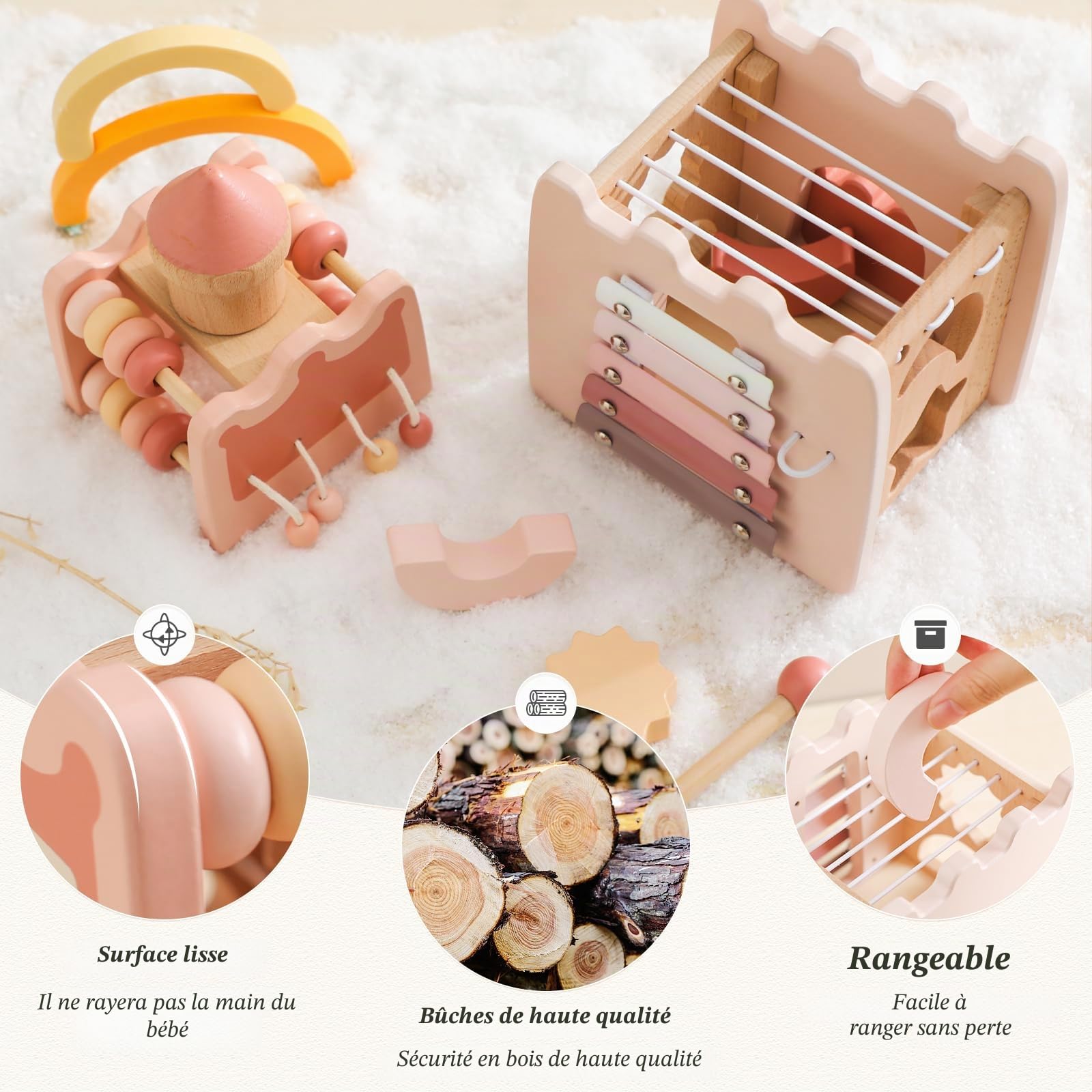 Jouet Montessori Bébé Jouet Bois, Château Rose Jouet éducatif Cube d'activité sensorielle Cube d'activité Boucle motrice Cadeau Bébé Fille Montessori Activity Cube 3+