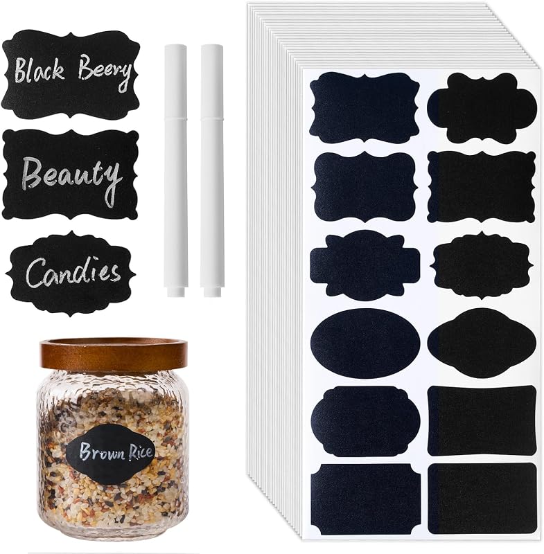 360 Pcs Chalkboard Labels Stickers for Glass Jars, 2.1"x 1.4" | Black Chalk Labels with 2 White Erasable Markers, 12 Assorted Shapes, For Mason Jars, Food Containers and Pantry Storage