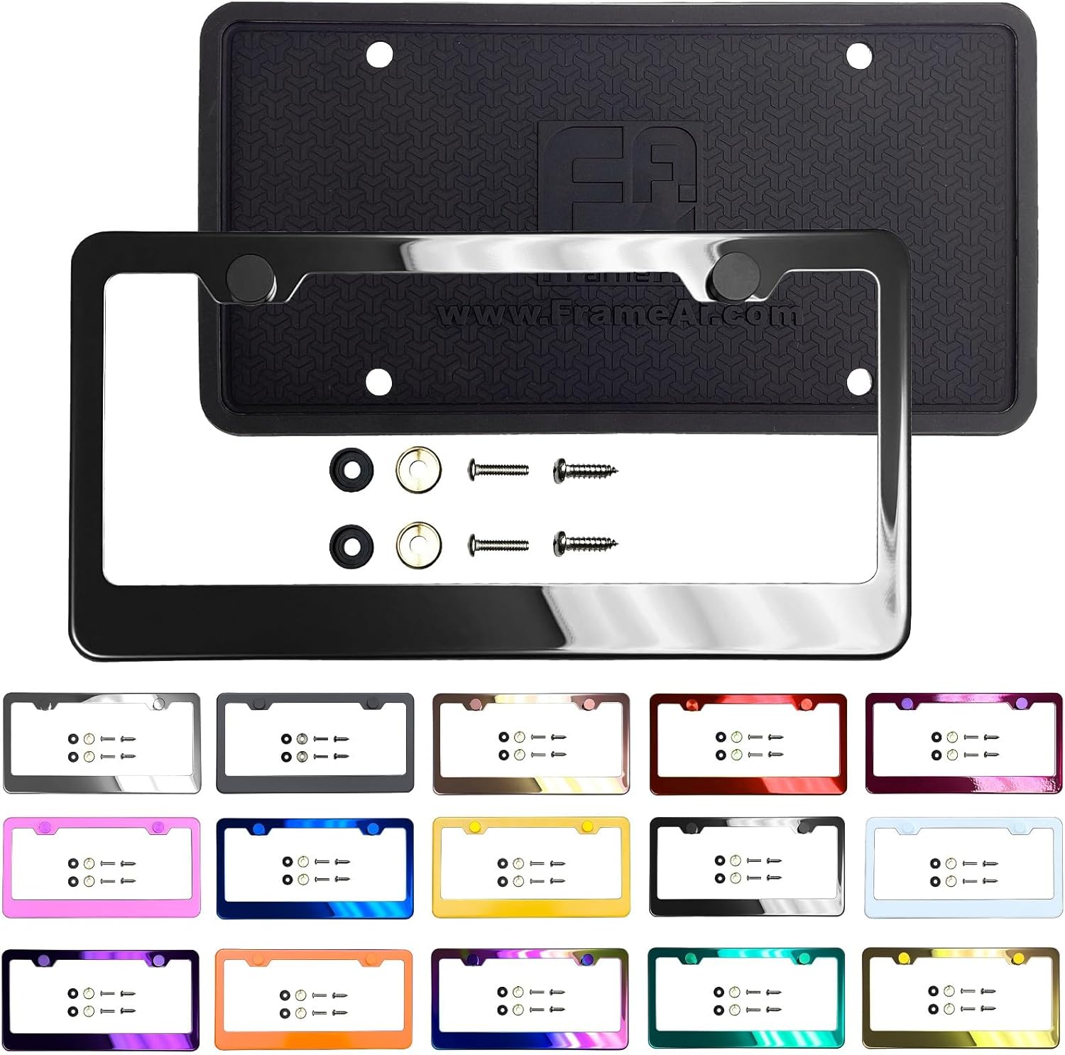 T304 Stainless Steel License Plate Frame Black Chrome Gun Metal Gray Electroplating Universal Fit Aluminum Screw On Cap Cover, Rust Proof Stainless Steel Screws Silicone Back Guard (Qty: 1 Frame)