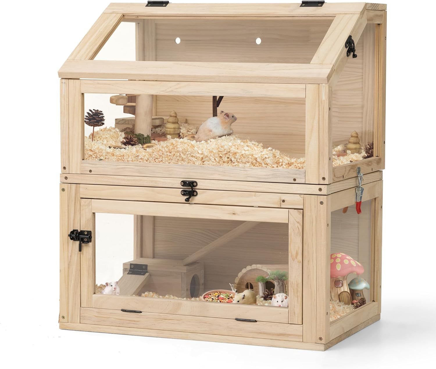 COZIWOW 2-Tier Wood Hamster Cage, Guinea Pig House with Hideouts, Ramps, Acrylic Window, Door Access, Detachable Squirrel Cage for Hedgehogs Gerbils Mice Small Animals, Natural