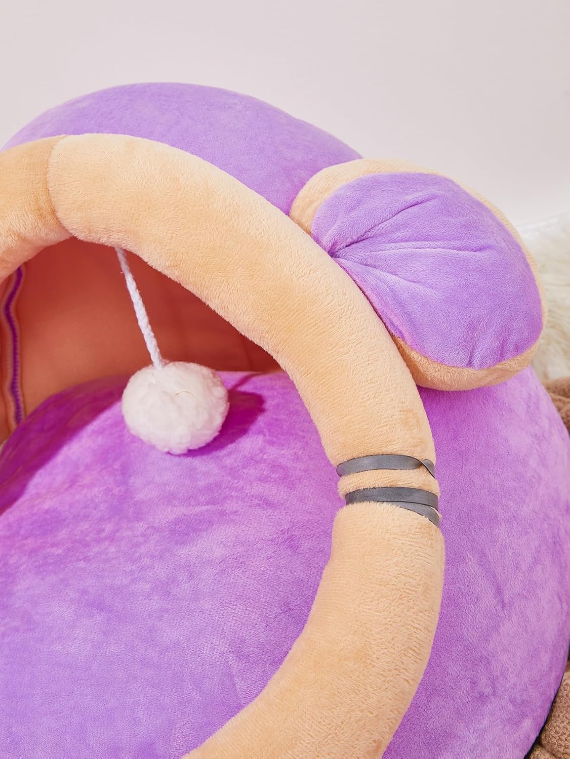 review QWINEE Indoor Cat Bed Cave with Removable Cushion - Pet Plush Warm Tent House Cartoon Rabbit Ear Design Pet Bed with Pompom for Cats Dogs Kitten Puppy and Rabbit Purple L