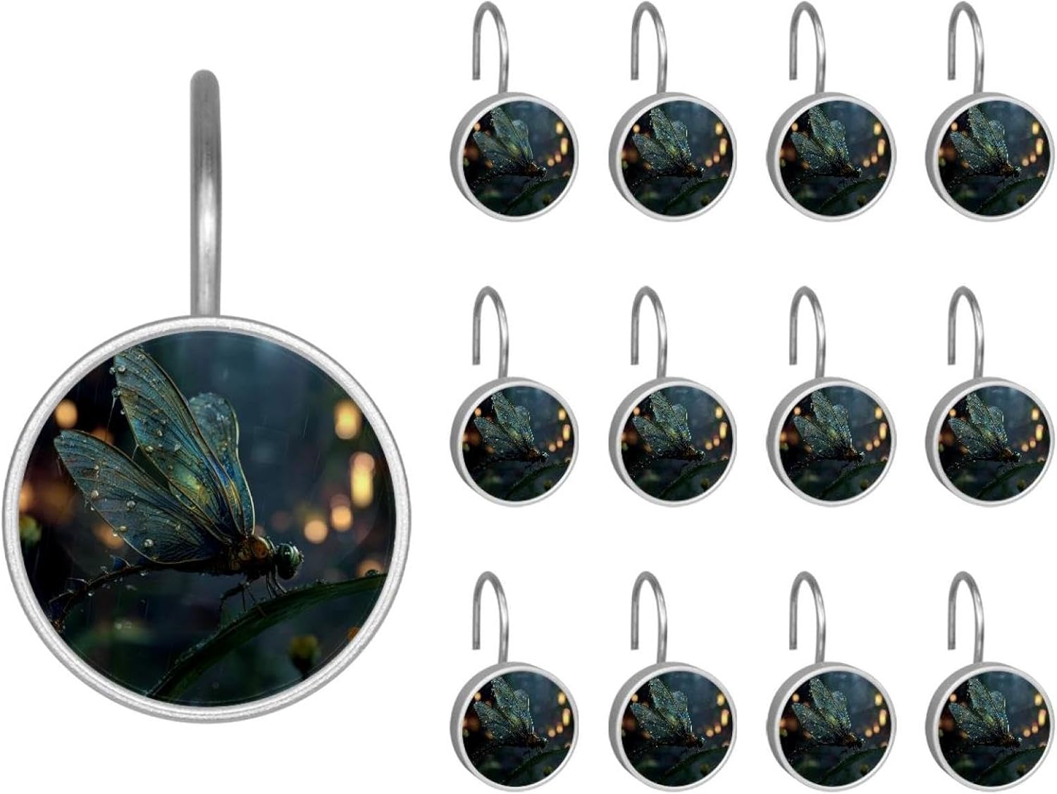 12PCS Fantasy Dragonfly Shower Curtain Hooks Metal Rust Resistant Decorative Shower Curtain Hooks Bathroom Decorations