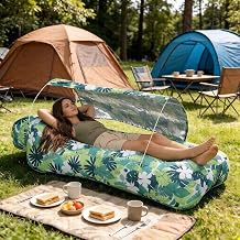 Inflatable Couch Air Lounger Chair with Sun-Shade Design- Camping & Beach Accessories,No-Pump Blow Up Couch,Built-in Storage,Ripstop Polyester,Portable Blow up Sofa for Hiking, Lawn, Indoor/Outdoor.
