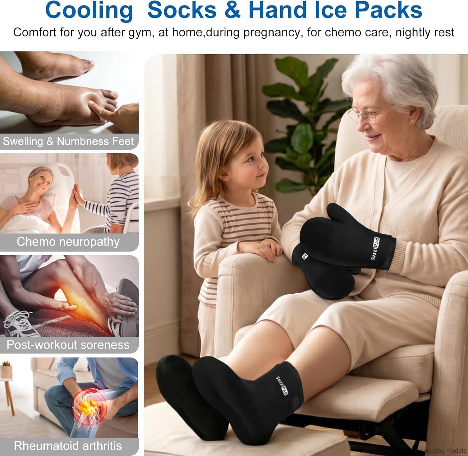 SuzziPad Cold Therapy Socks & Gloves for Tired, Achy Hands and Feet, Swelling, Numbness & Burning Relief, Reusable Hand & Foot Ice Wrap Compression for Plantar Fasciitis, Arthritis, Chemo Relief, L