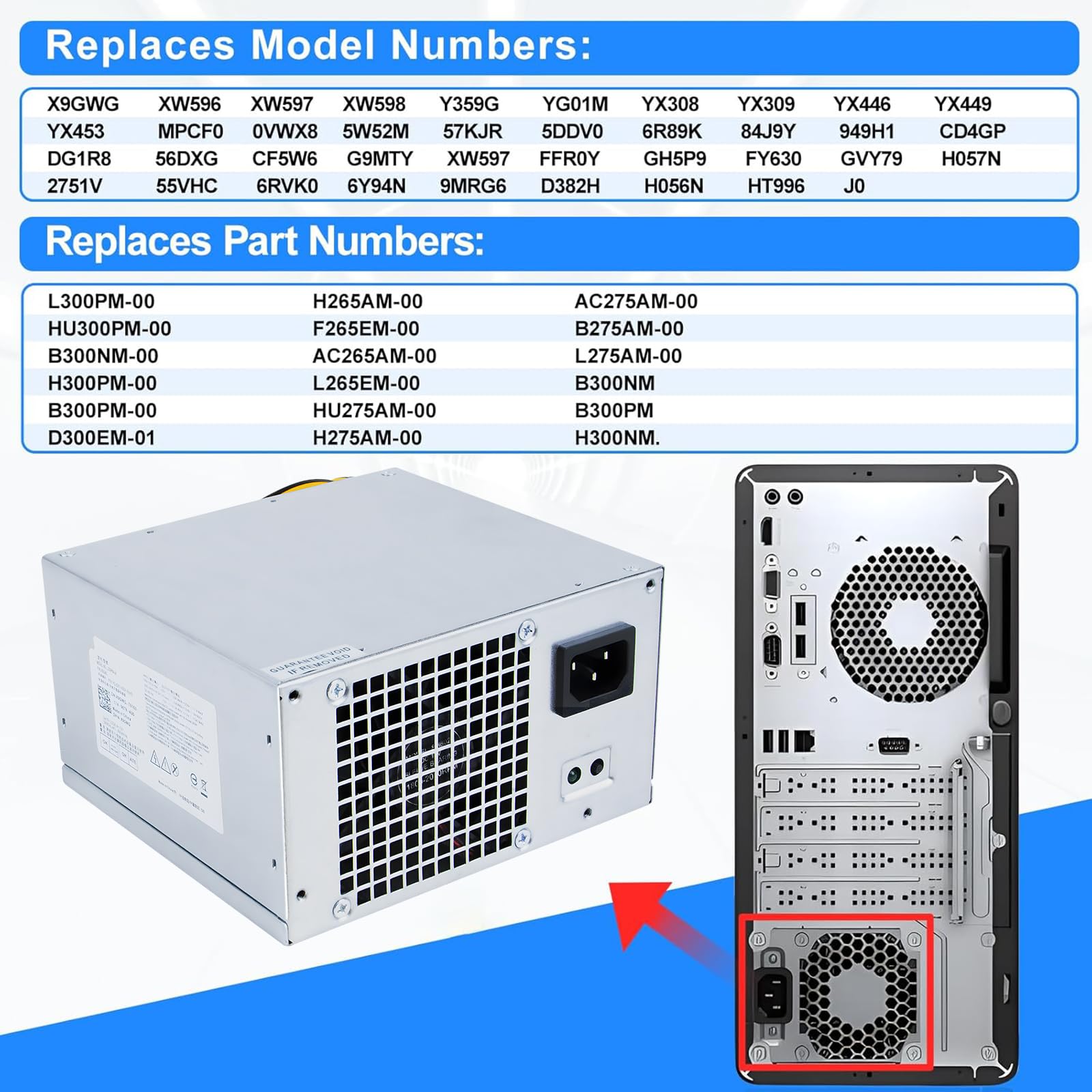 PC-Netzteil L300PM-00 300 W HU300PM-00 PSU Kompatibel mit Dell Optiplex 3010, 7010, 9010, Inspiron 3847, 570, 560, 300, Precision T1500, T6100, T1650, Vostro 400 MT, PS-6301-05DF X9GWG D300EM-01