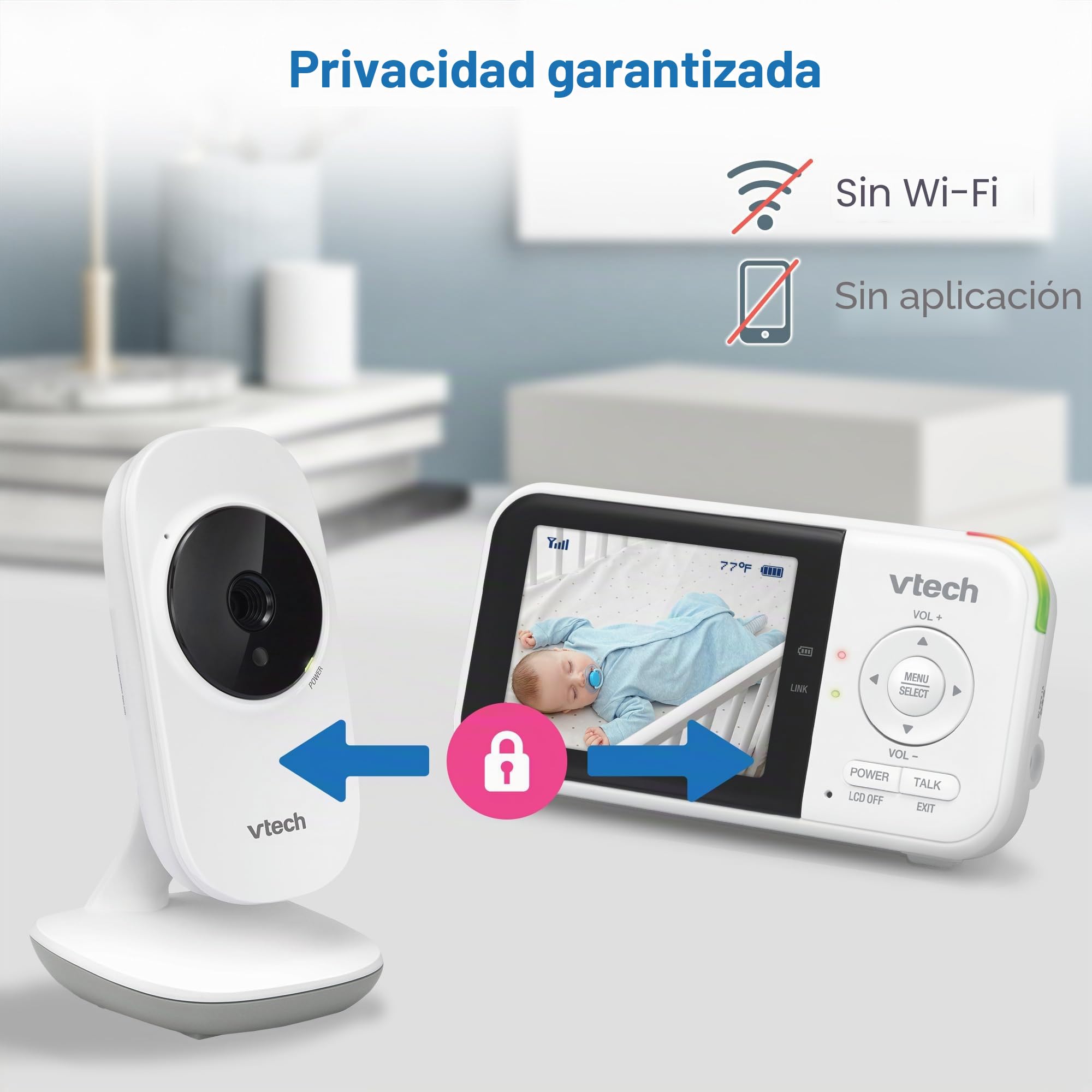 VTech Monitor de bebé VM819, Pantalla de 2.8 Pulgadas, visión Nocturna, Audio bidireccional, Sensor de Temperatura y Canciones de Cuna, transmisión Segura sin WiFi