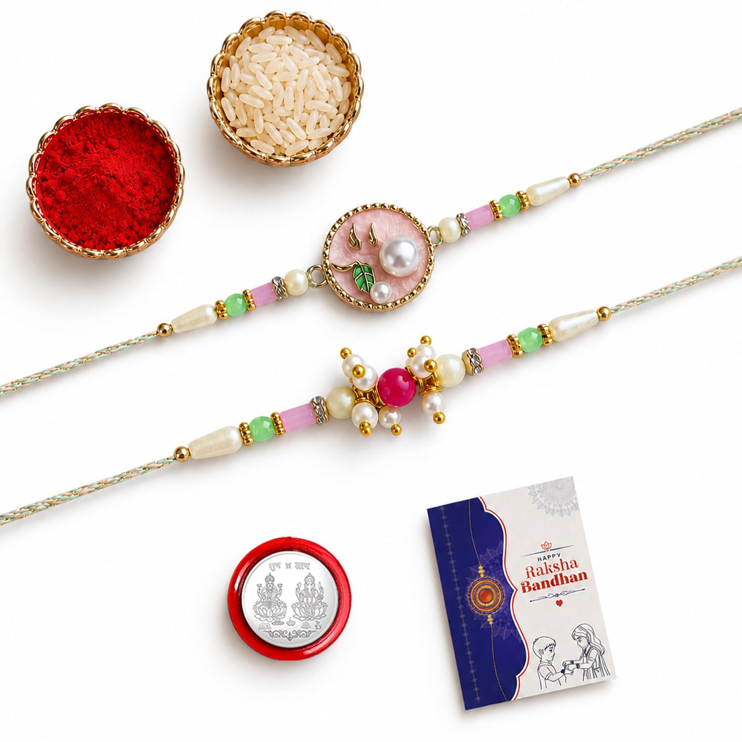 oblivion Rakhi for Bhai Bhabhi – Evil Eye Infinity Design with Beads Rakhi for Bhai & Adjustable Bracelet For Bhabi with Tilak Set, Silver Color Coin & Greeting Card, Raksha Bandhan Combo (Set of 5)-picture-32