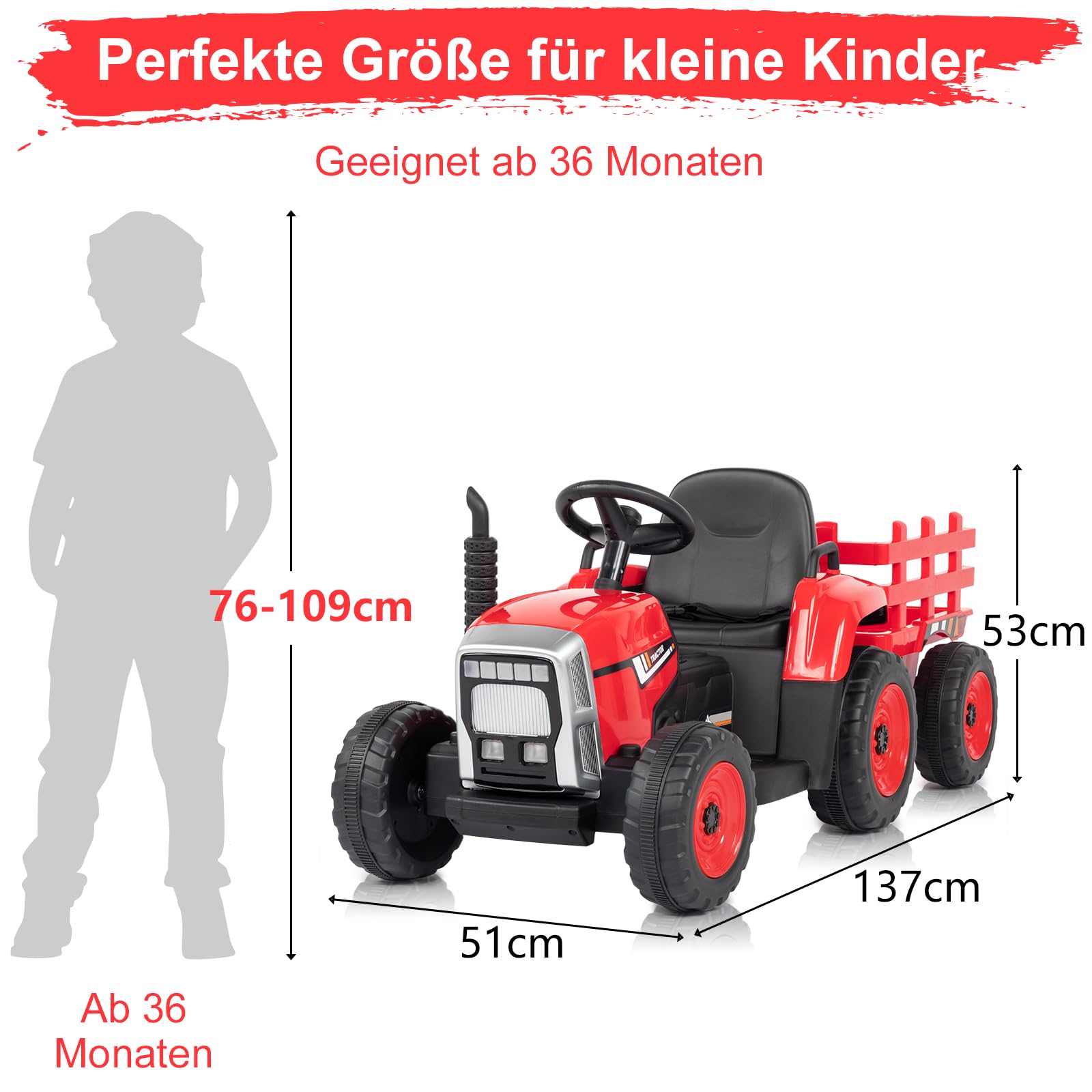 LALAHO Kinder Traktor mit abnehmbarem Anhänger LED Musik USB Hupe | Aufsitztraktor mit vielfältigen ofunktionen für Kleinkinder