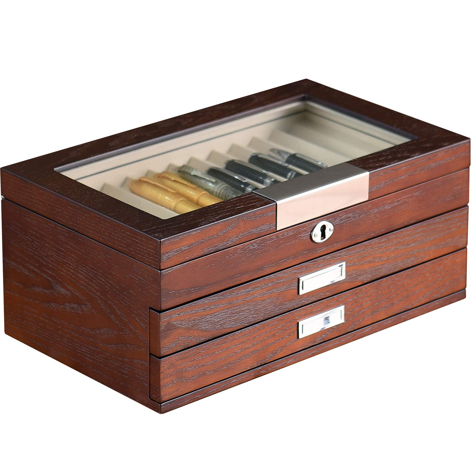 Stift-Vitrine Aus Holz Mit 36 Fächern – Präsentationsbox Für Füllfederhalter, Mit Schublade & Glasdeckel, Abschließbar (braun)