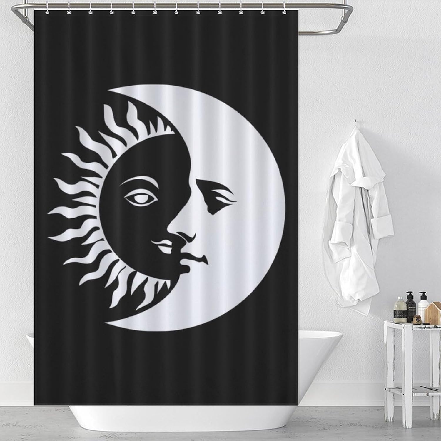 Black Sun and Moon Shower Curtain 46.85x70.87Inch（119x180cm） Polyester Bath Curtain Shower Curtains Printed Decorative