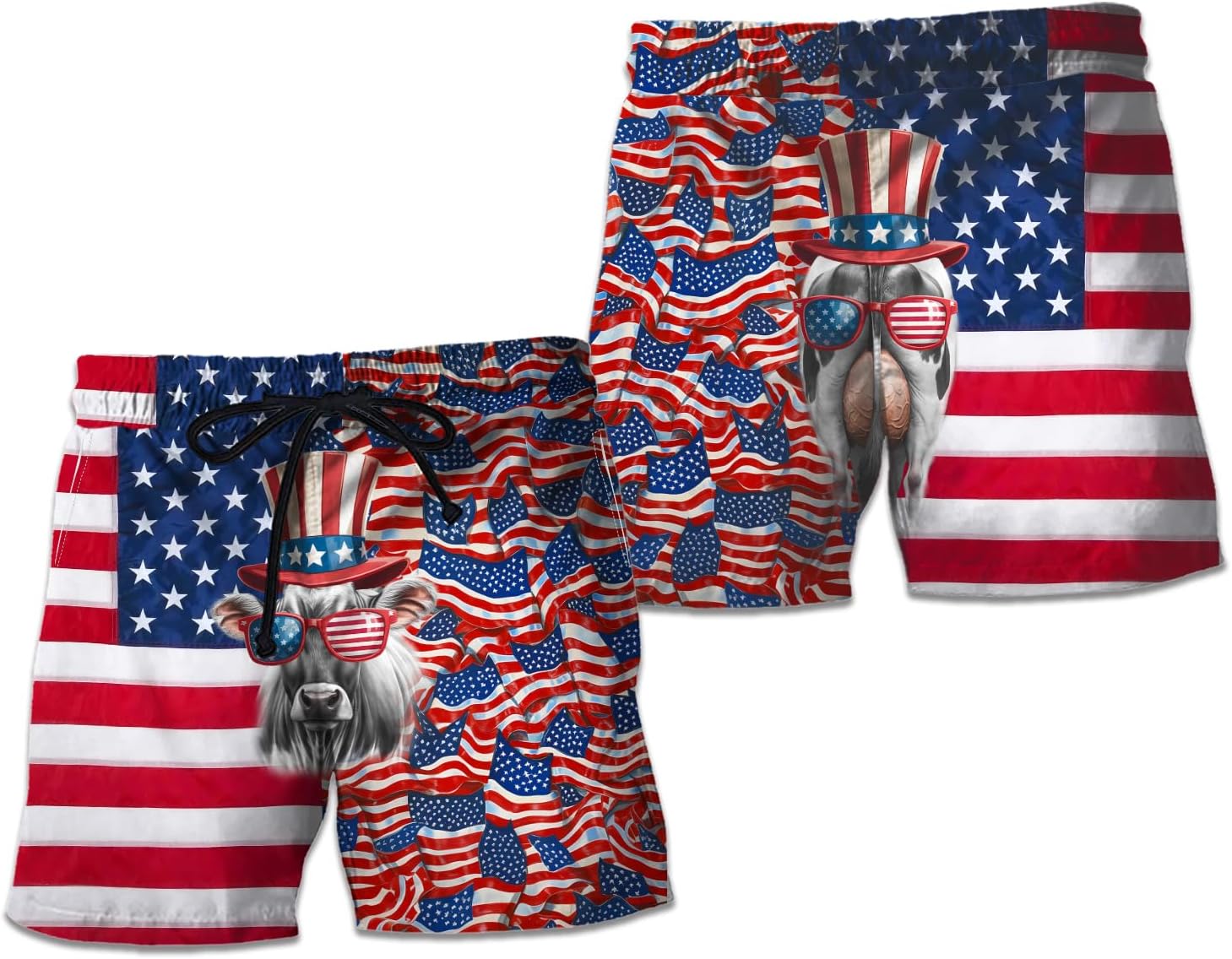 V-DECORPARKS Funny Cow Mens Swim Trunks - Patriotic Swimming Trunk for Men - Drawstring Beach Shorts, Mens Swim Shorts