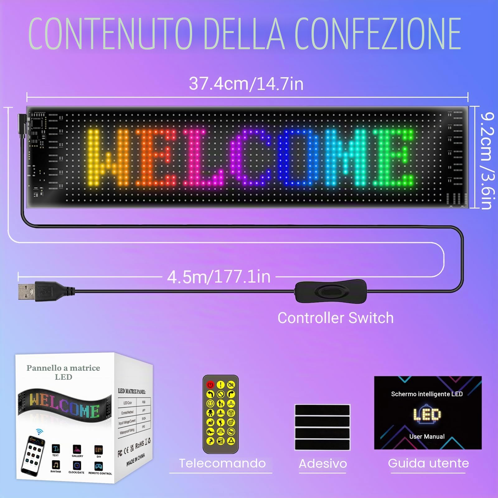 GAESHOW Insegna Luminose LED Programmabile, 37.4x9.2cm USB 5V APP Controllo