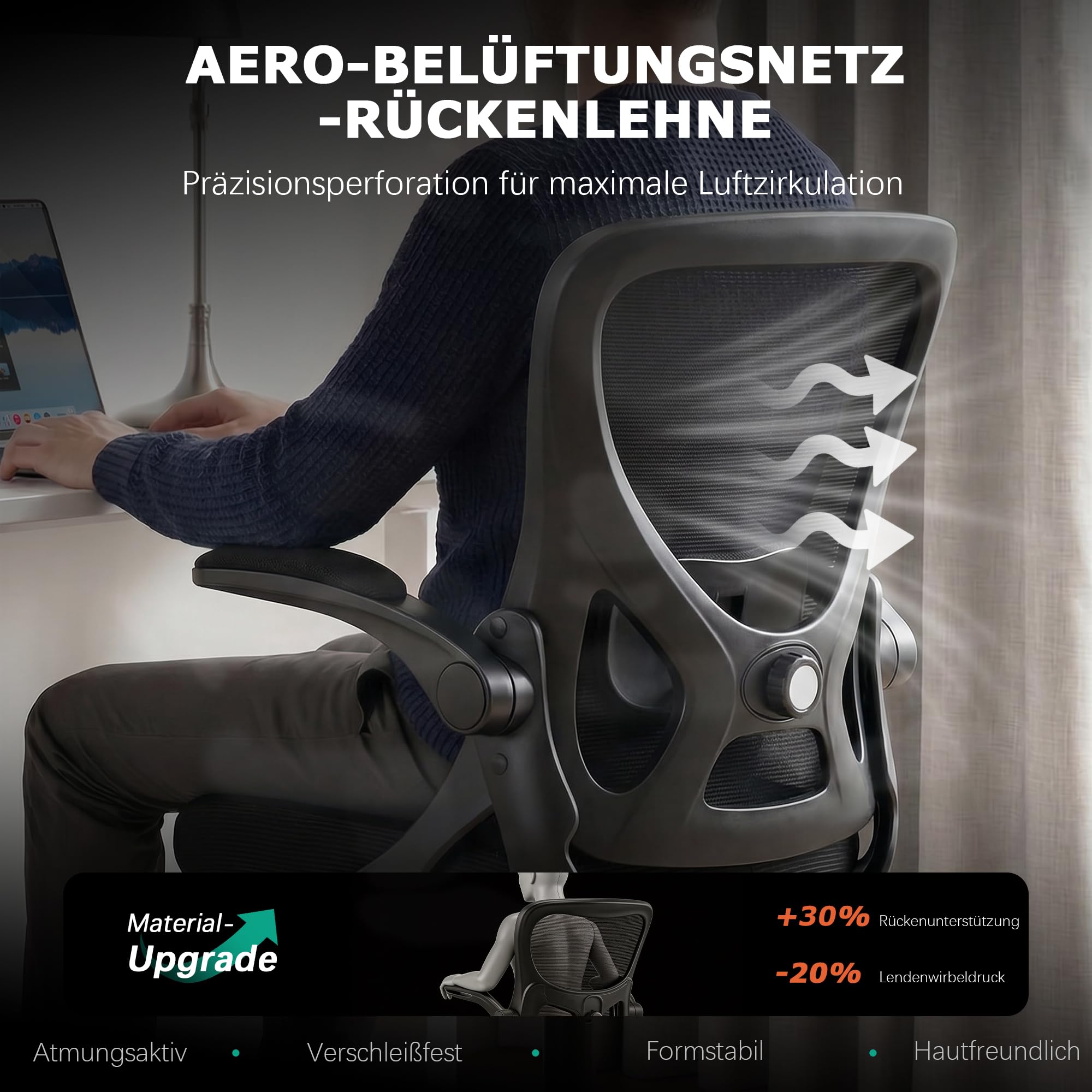 Ergonomischer Bürostuhl mit hochklappbaren Armlehnen, Schwarz