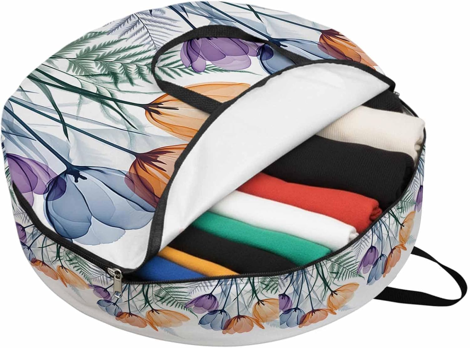 Spring Orange Round Storage Bag 36 Inch, Flower X-ray Illustration of Tulips Blue Leaf Clothes Storage Container with Handles Heavy Duty Organizer for Comforter, Bedding & Holiday Wreaths