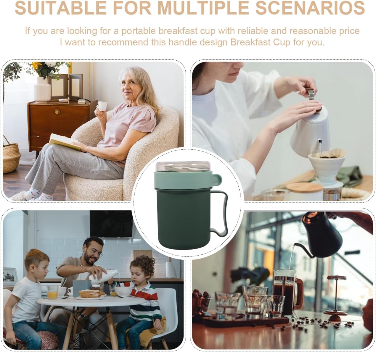 PRETYZOOM 3sets Covered Oatmeal Breakfast Cup Spoon Portable Cereal Container for Go Meals Leak Design Microwave Safe Two Green Option