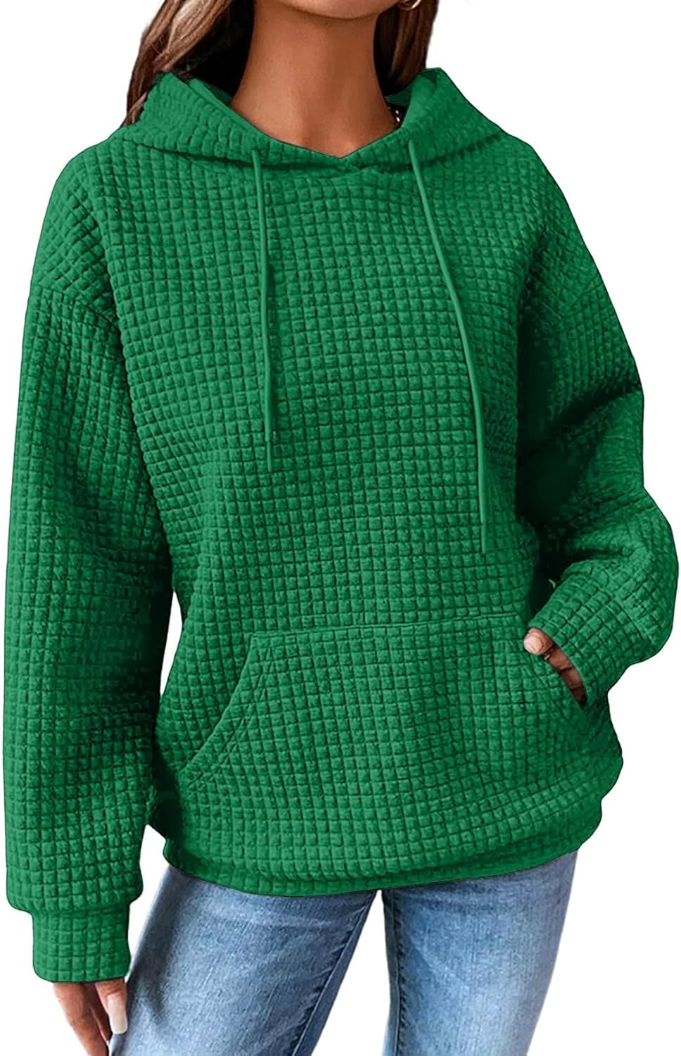 SHEWIN Womens Hoodies Casual Long Sleeve Drawstring Waffle Pullover Tops Loose Hooded Sweatshirt with Pocket