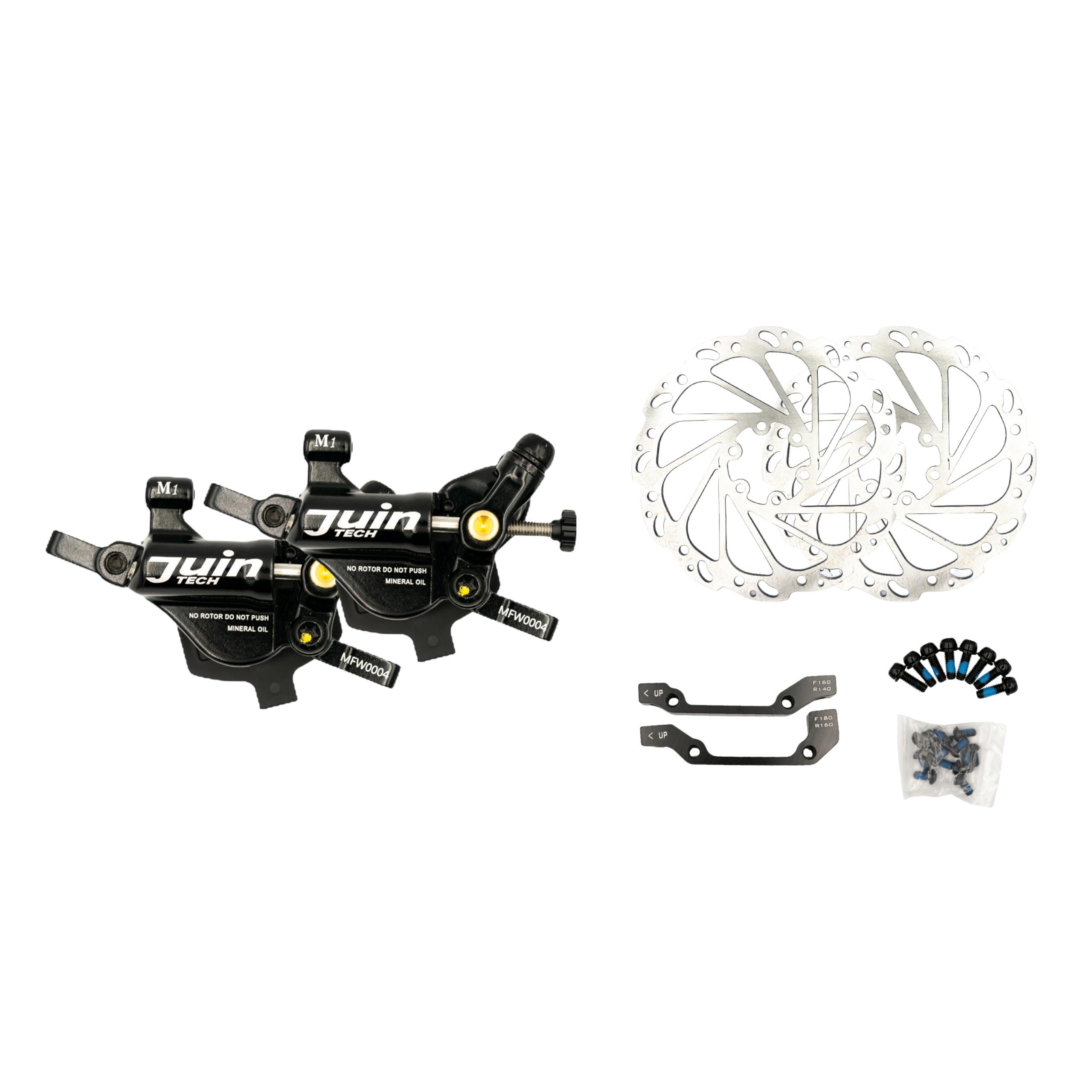 Juin JuinTECH M1 - Juego de pinzas de freno de disco hidráulico accionadas por cable de 2 pistones - Delanteras y traseras (2 calibradores + 2 rotores + adaptadores), para palancas de freno en V