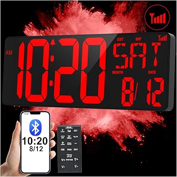 XREXS 17.2" Large Digital Wall Clock Bluetooth Sync Time, Precise Atomic Clocks with Remote Control, Adjustable Dimmer Grandfather Clock, Temperature for Bedroom, Desk Alarm Clock for Elderly