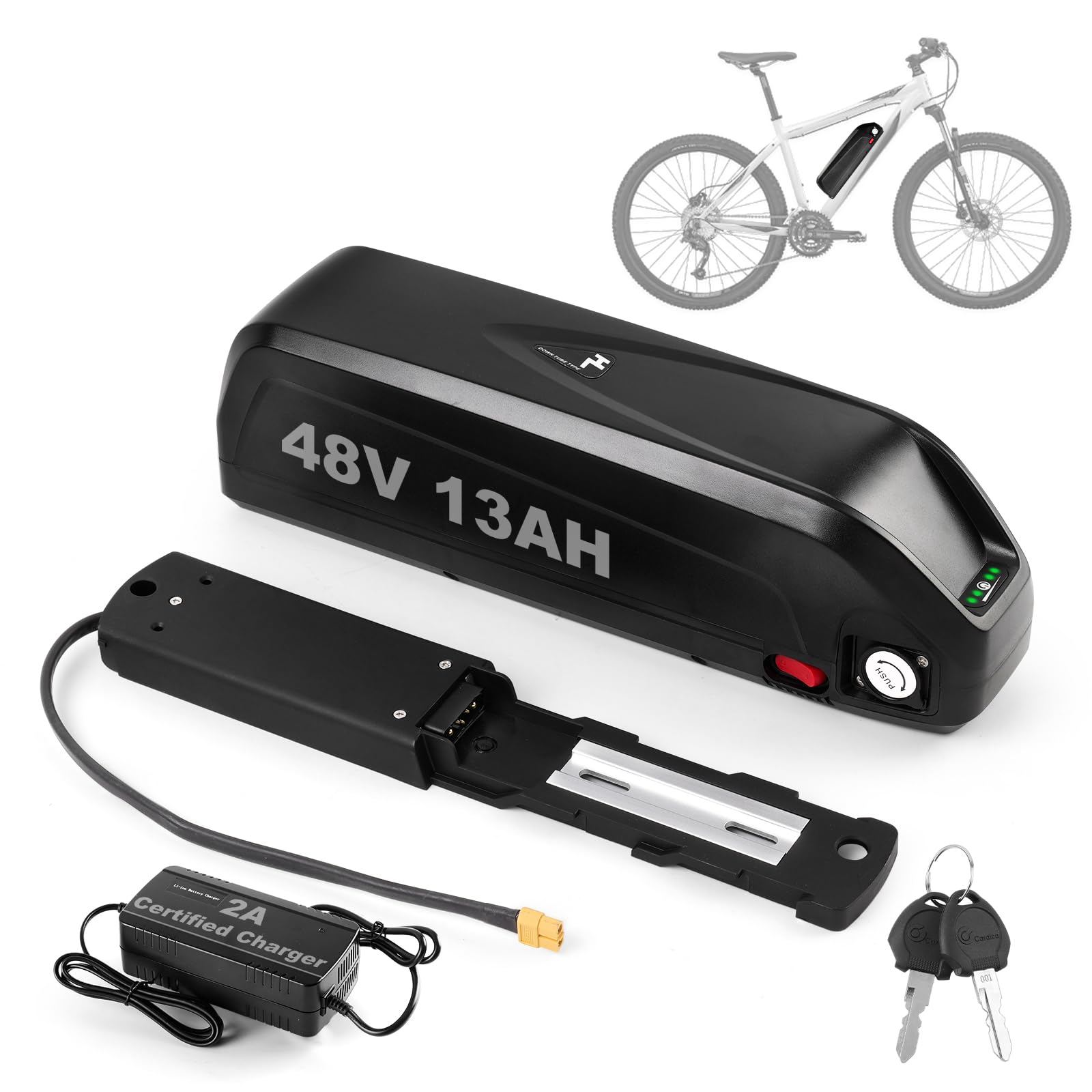 iCycleCell 48V 13Ah E Bike Battery, 48V Ebike Battery with Charger, 5-Pin Base, for 50W-1000W Motor, Hailong Lithium Battery, with USB Port, for Electric Bikes Scooters Pedal Assist