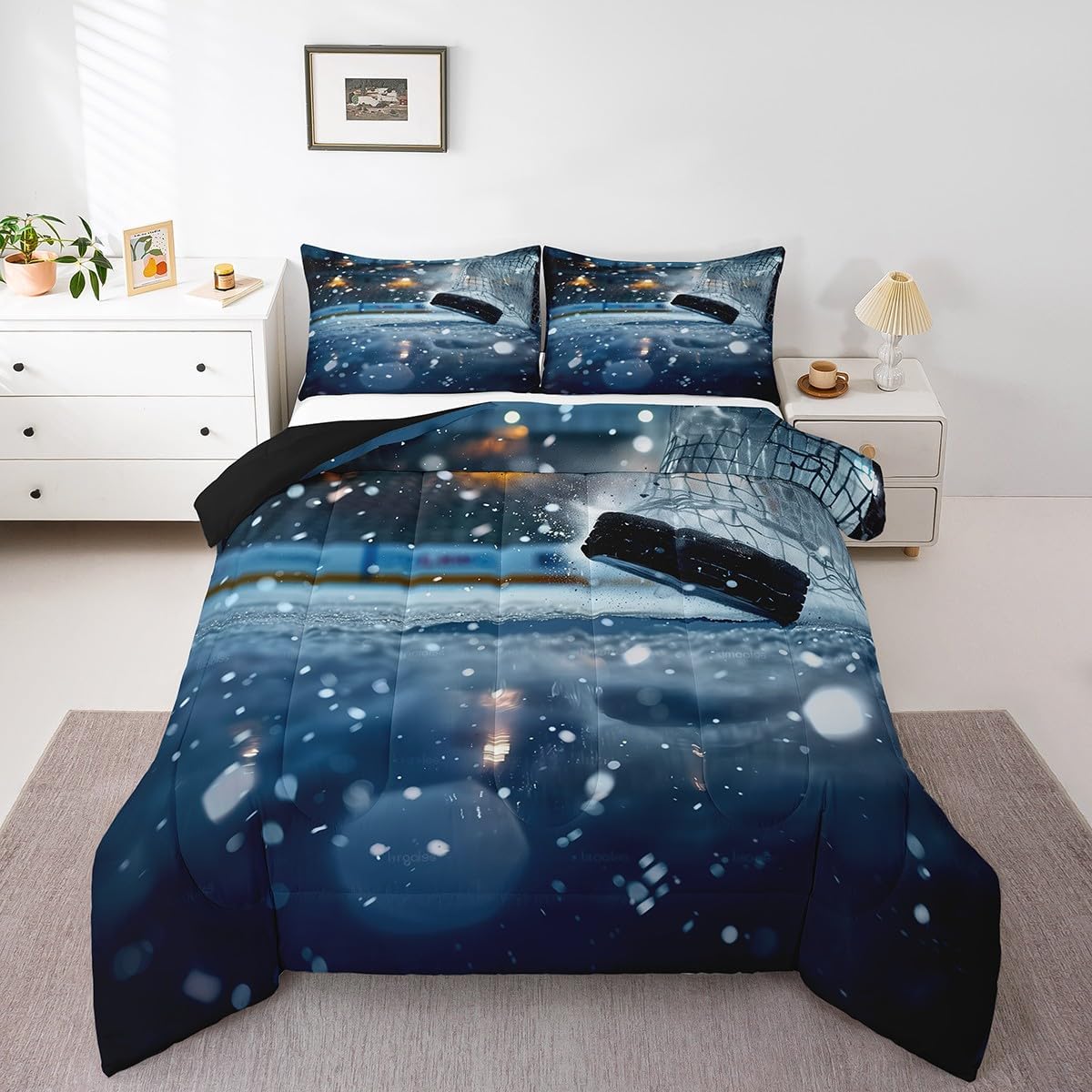 jejeloiu Ice Hockey Bedding Set Toddler Size Kids Sports Games Duvet Quilt for Boys Girls Teens Winter Event Ball Comforter Set Soft Microfiber